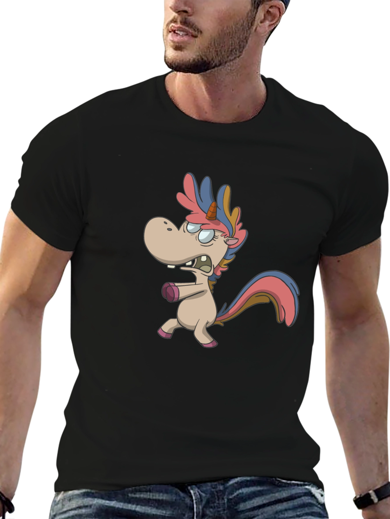 Cartoon Unicorn Graphic T-Shirt - Black
