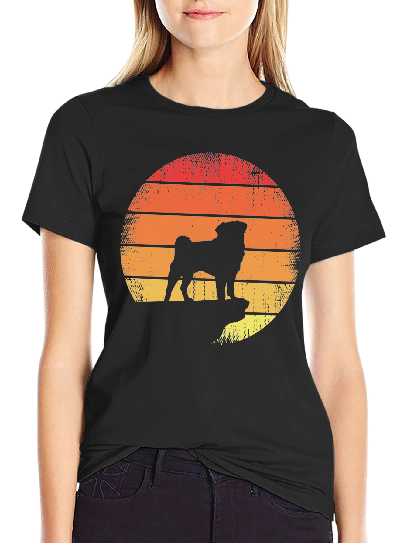 Retro Pug Sunset Graphic Tee - Black Cotton Blend