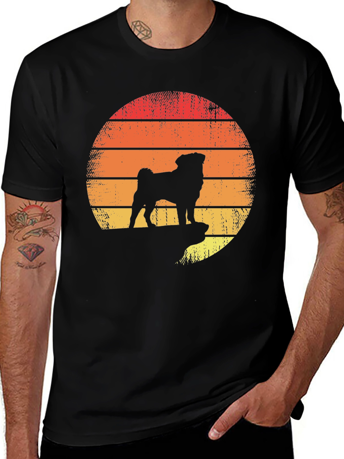 Retro Pug Sunset Graphic Tee - Black Cotton Blend