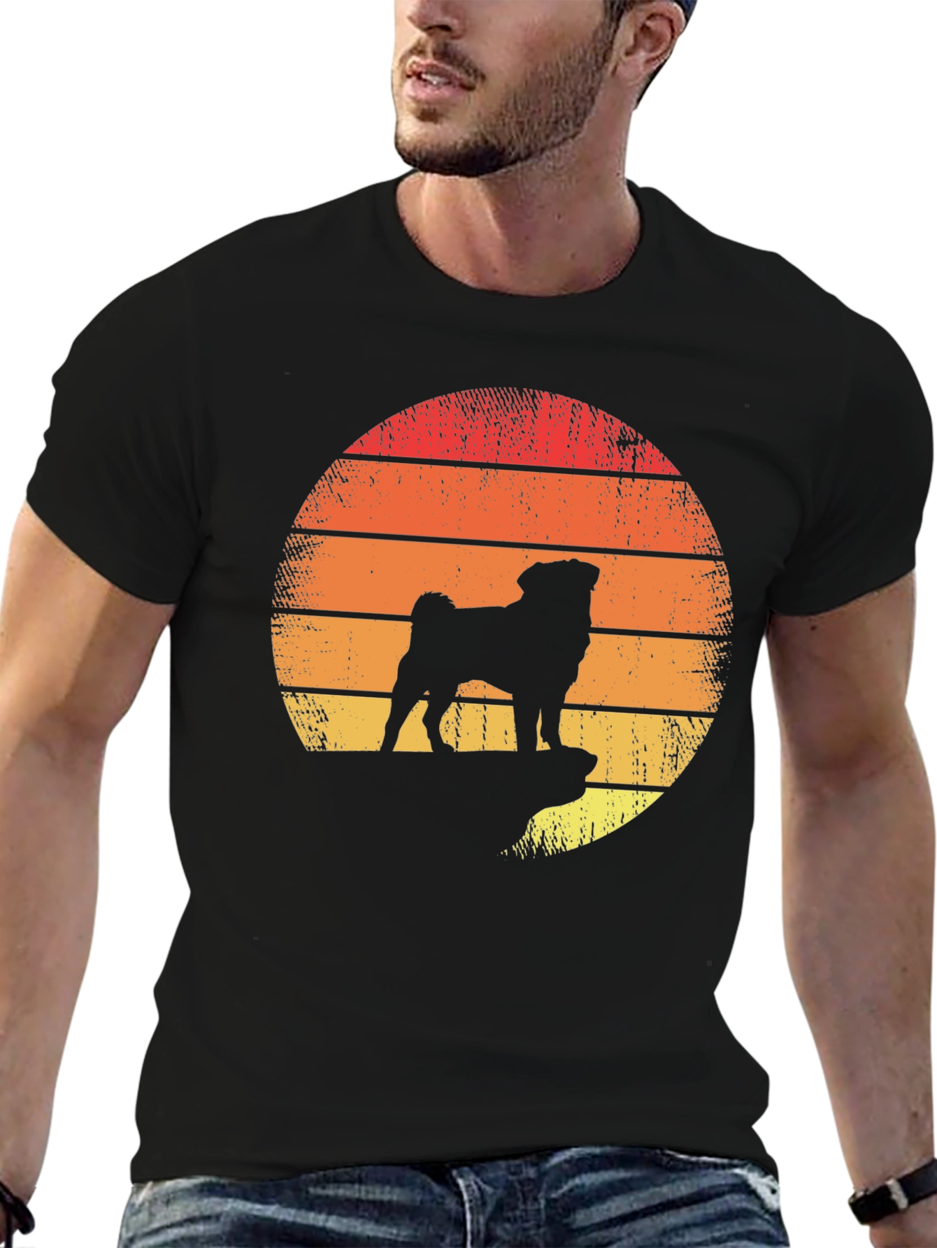 Retro Pug Sunset Graphic Tee - Black Cotton Blend