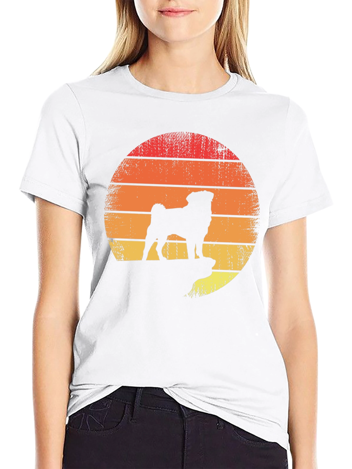 Retro Pug Sunset Graphic Tee - Black Cotton Blend