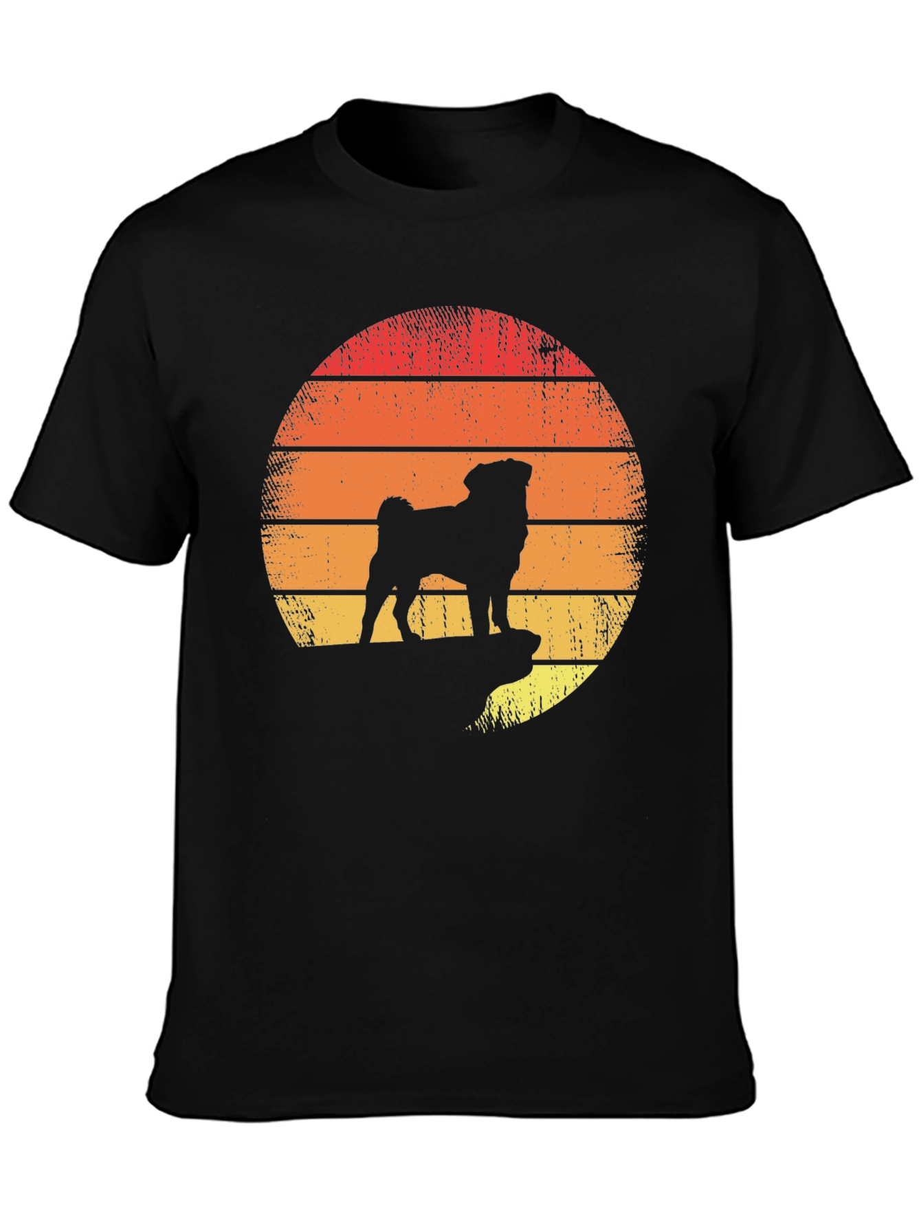 Retro Pug Sunset Graphic Tee - Black Cotton Blend
