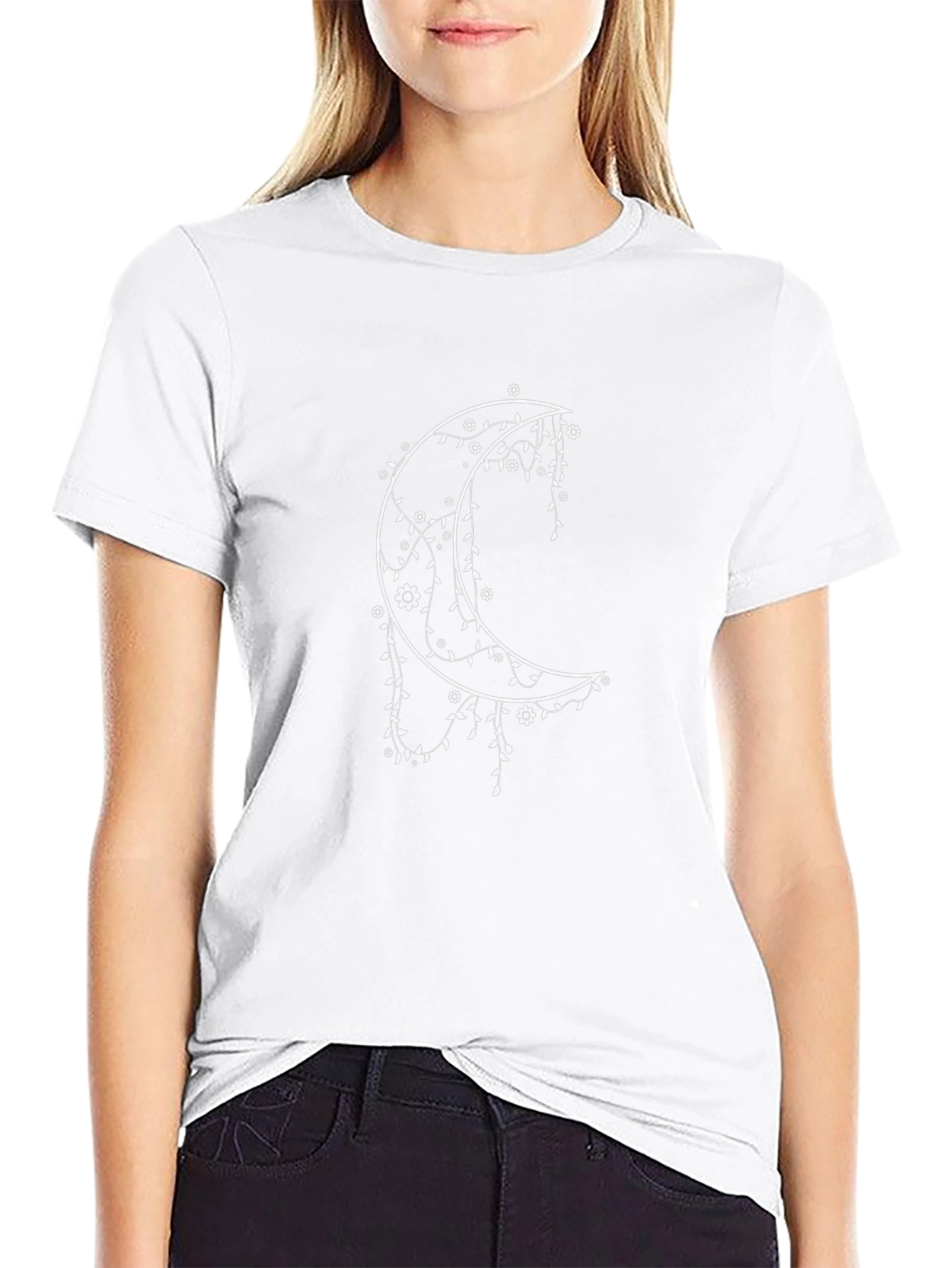 Floral Crescent Moon Graphic Tee - Black