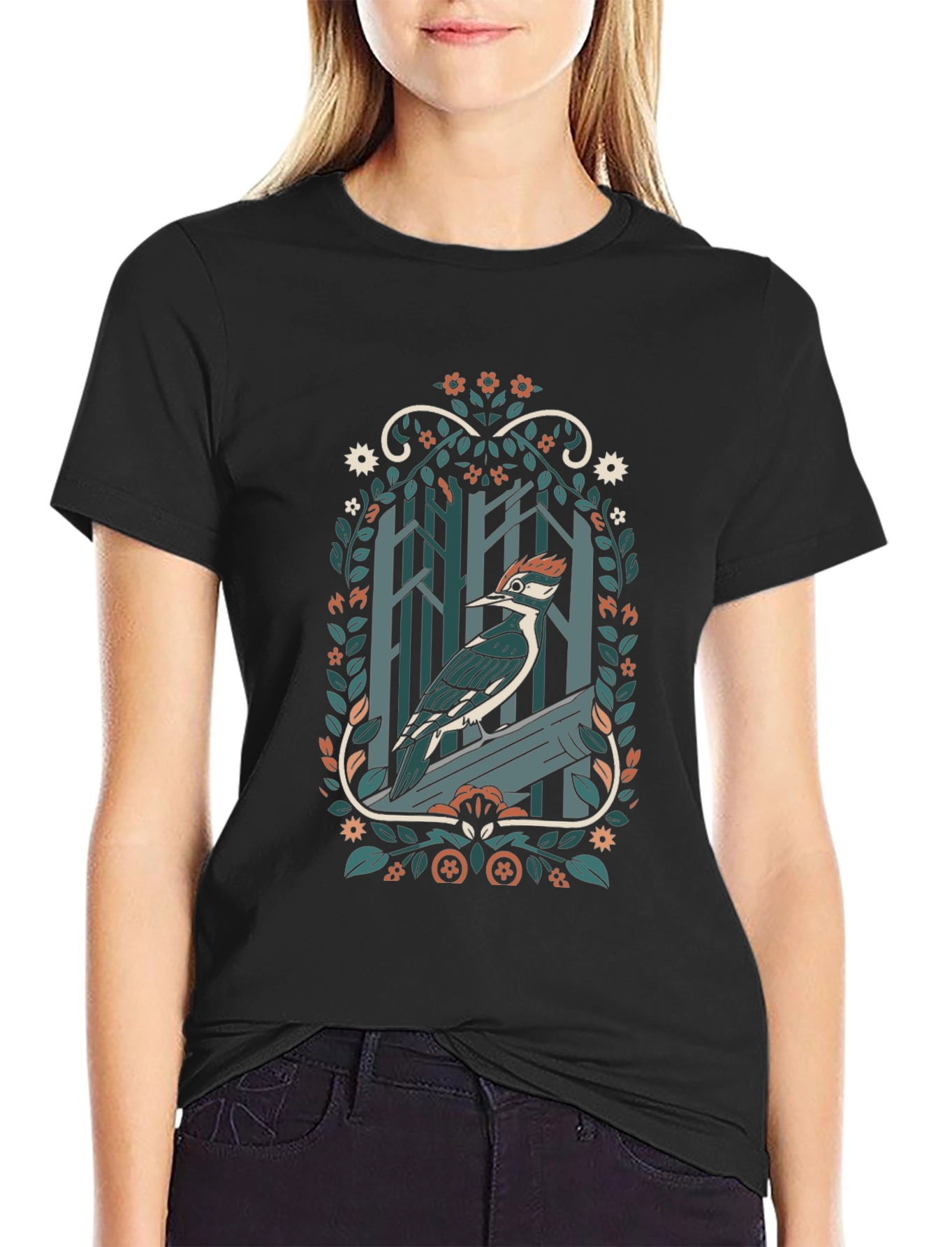 Woodpecker Forest T-Shirt - Nature Inspired Design