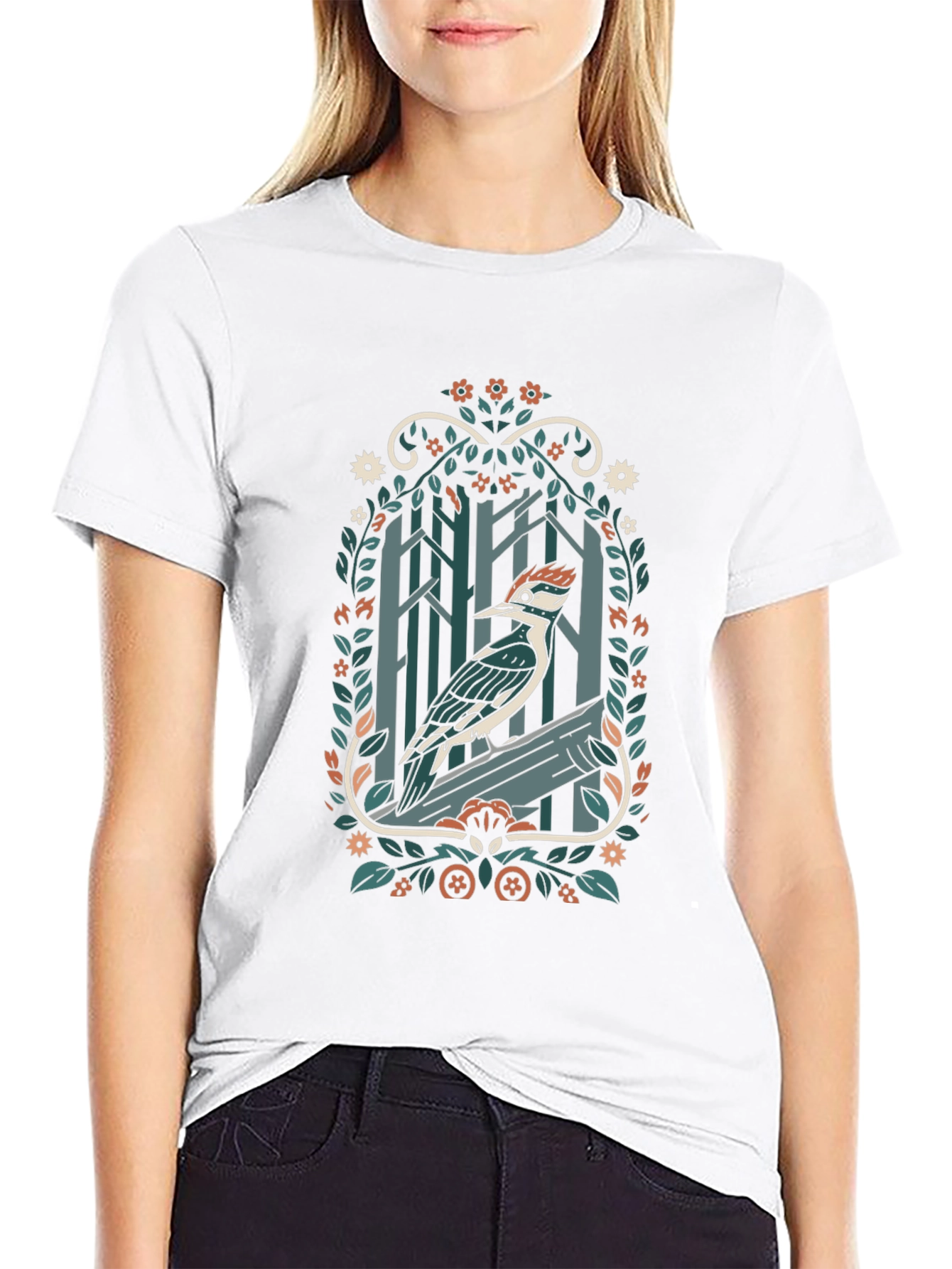 Woodpecker Forest T-Shirt - Nature Inspired Design