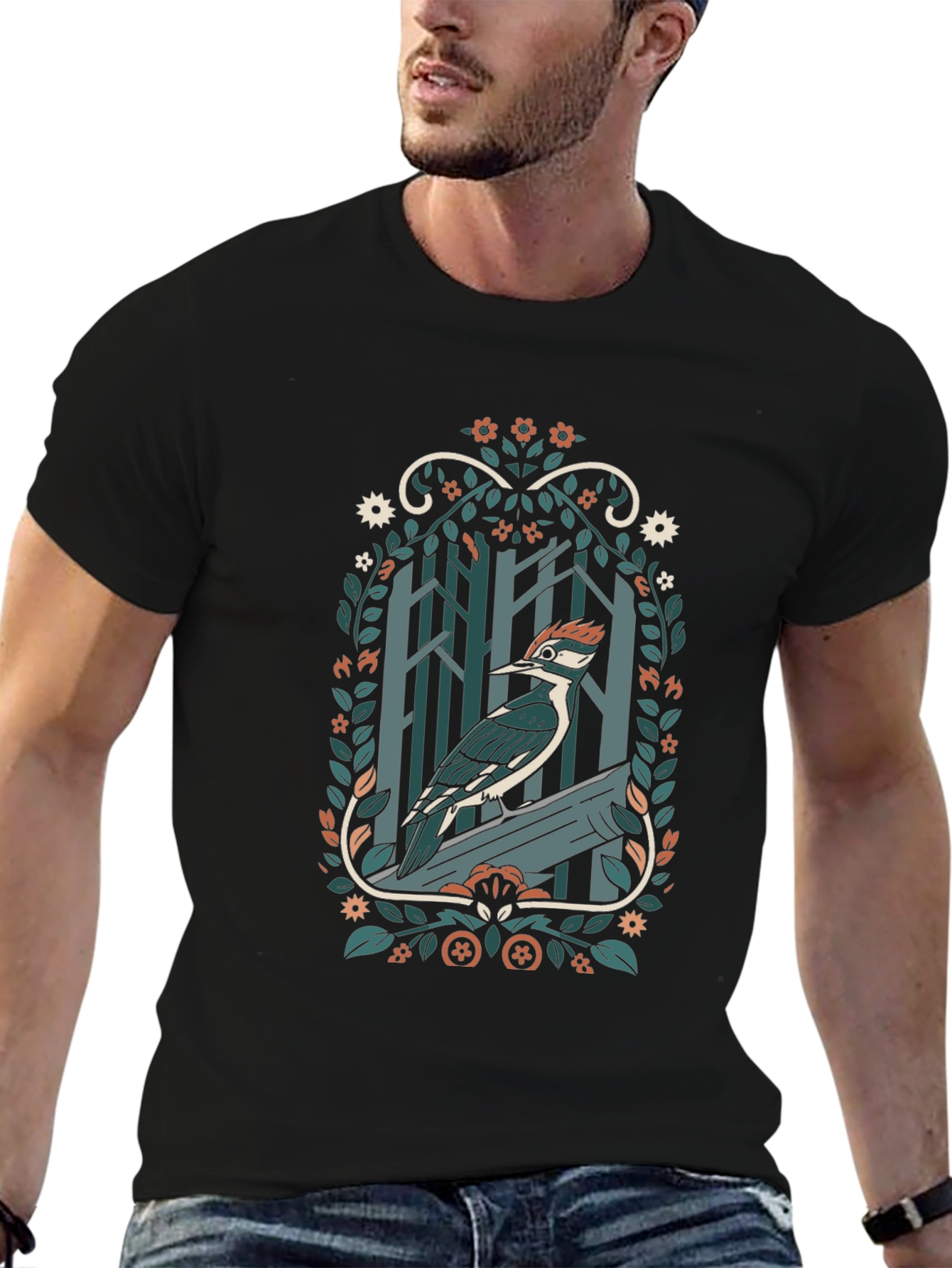 Woodpecker Forest T-Shirt - Nature Inspired Design