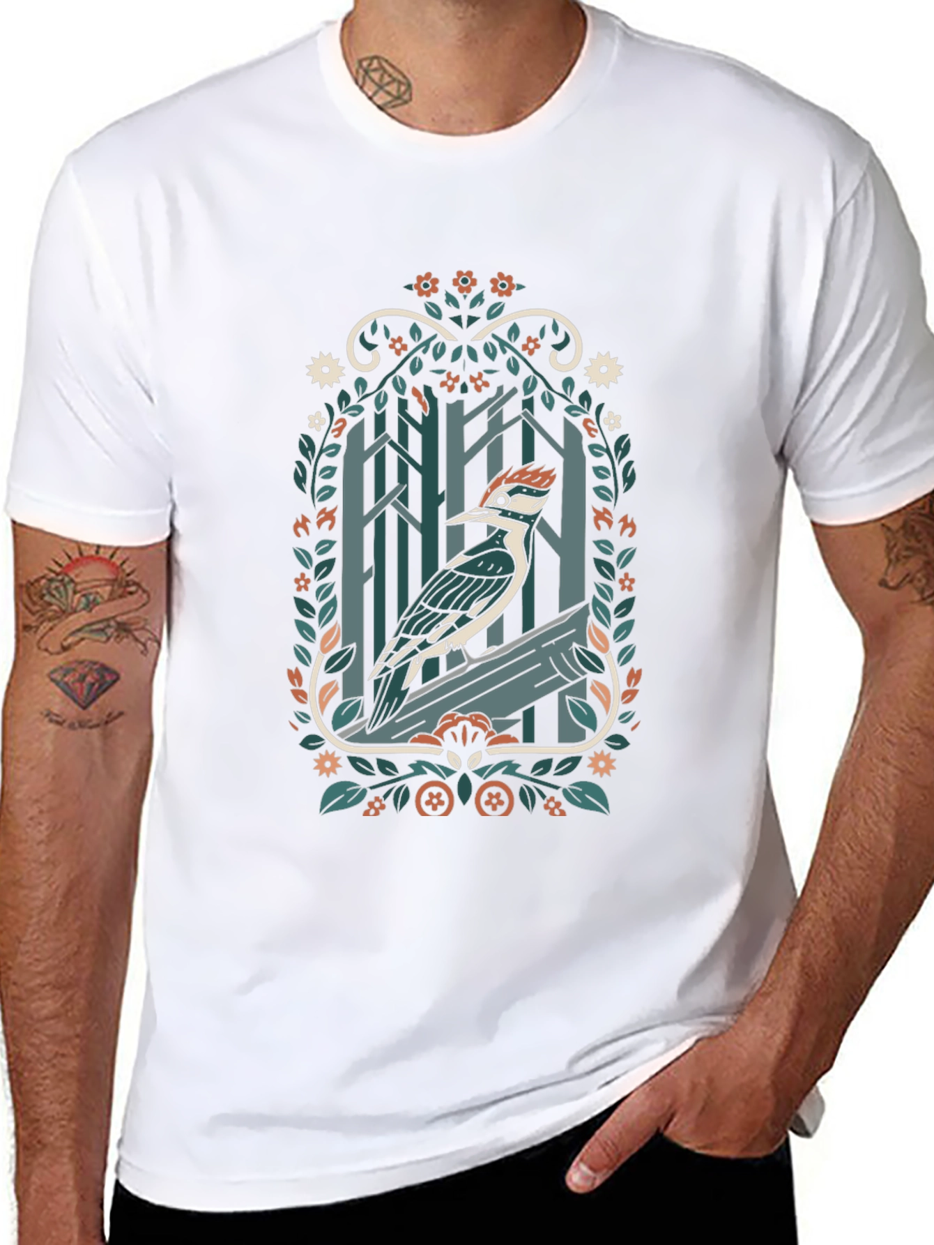 Woodpecker Forest T-Shirt - Nature Inspired Design