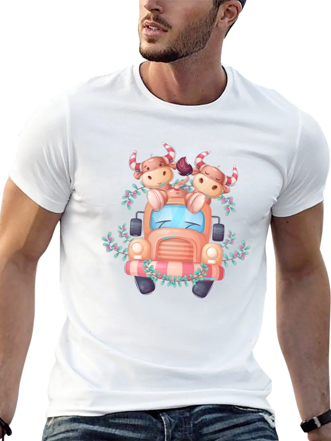 Cute Cow Truck Graphic Tee - Black Cotton T-Shirt