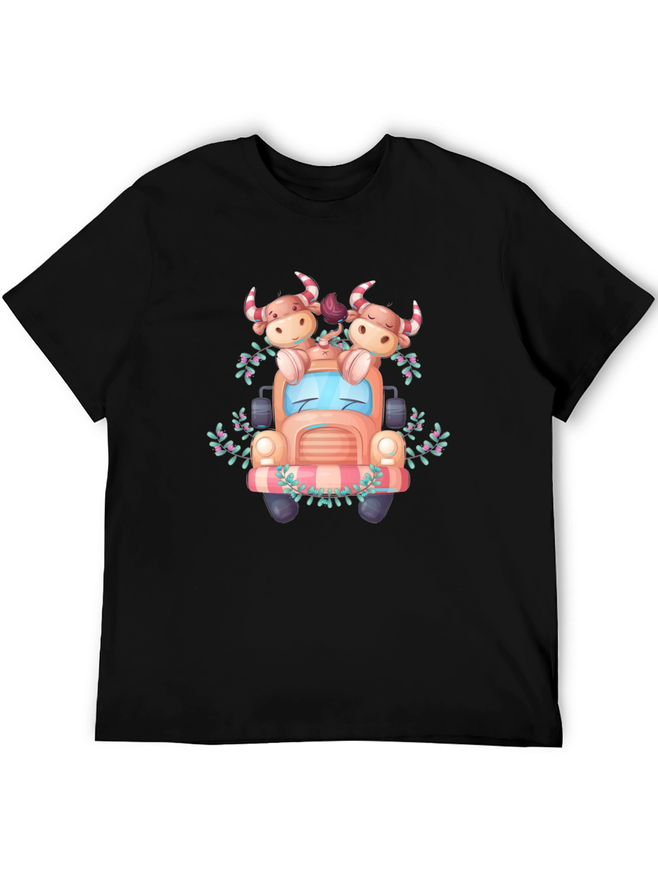 Cute Cow Truck Graphic Tee - Black Cotton T-Shirt