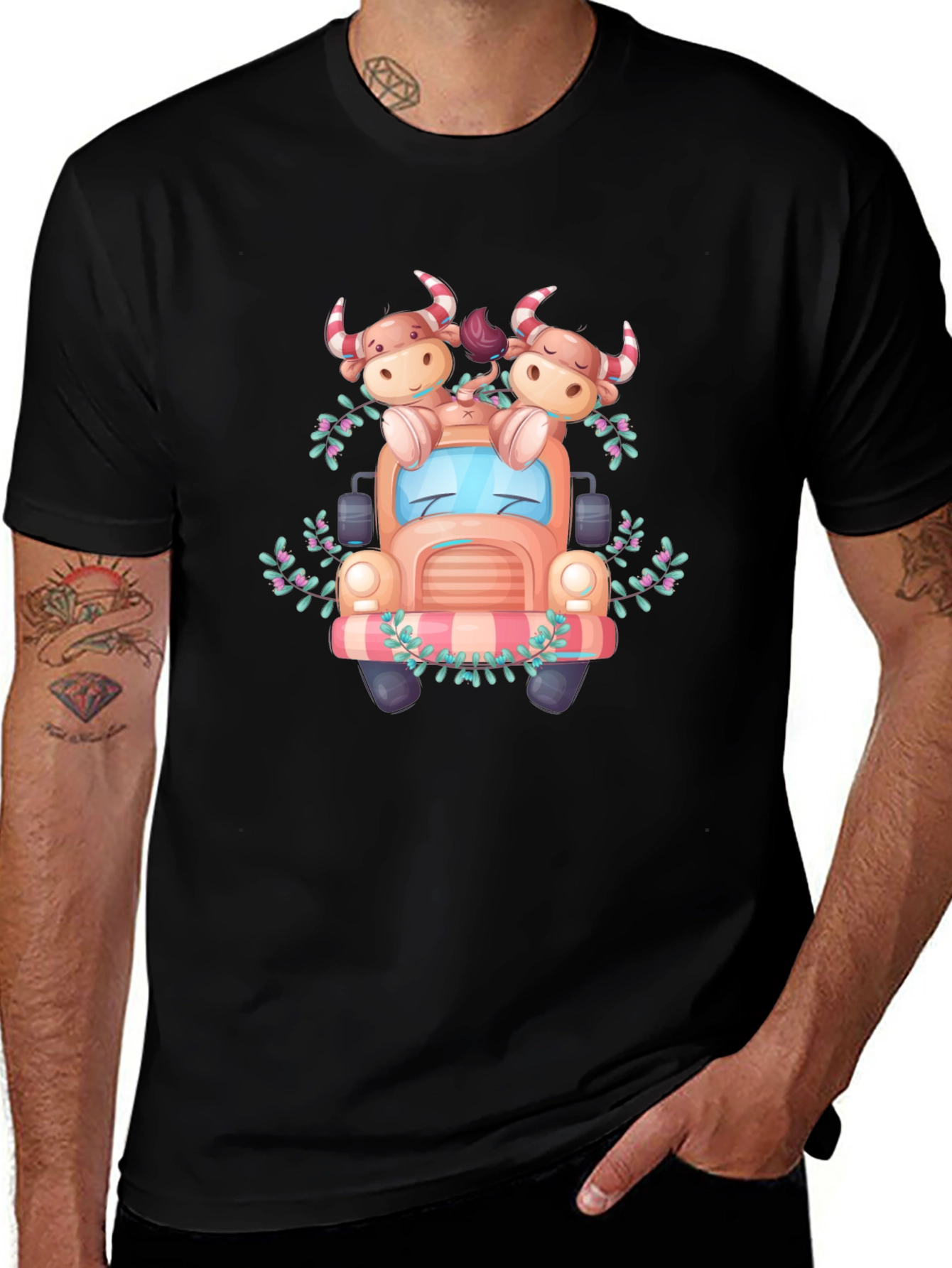 Cute Cow Truck Graphic Tee - Black Cotton T-Shirt