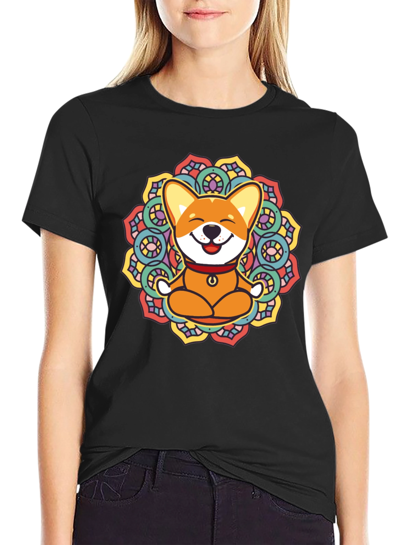 Yoga Corgi Mandala Black T-Shirt