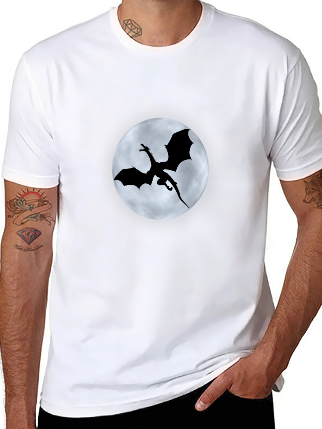 Dragon Silhouette Moon Graphic Black T-Shirt