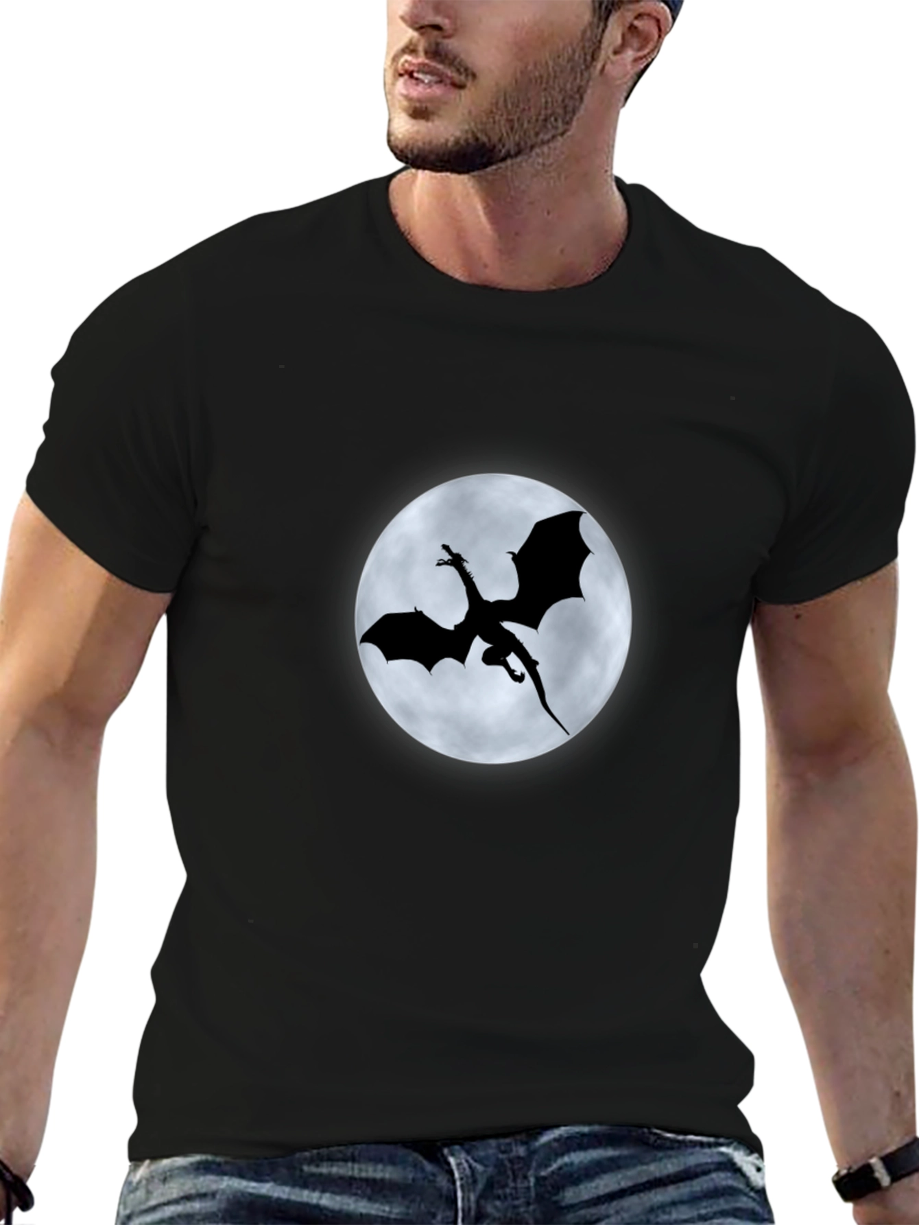 Dragon Silhouette Moon Graphic Black T-Shirt