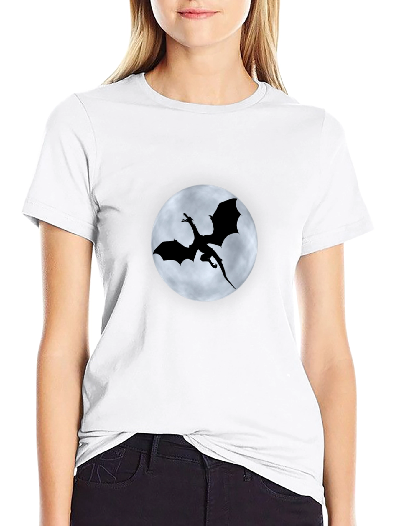 Dragon Silhouette Moon Graphic Black T-Shirt