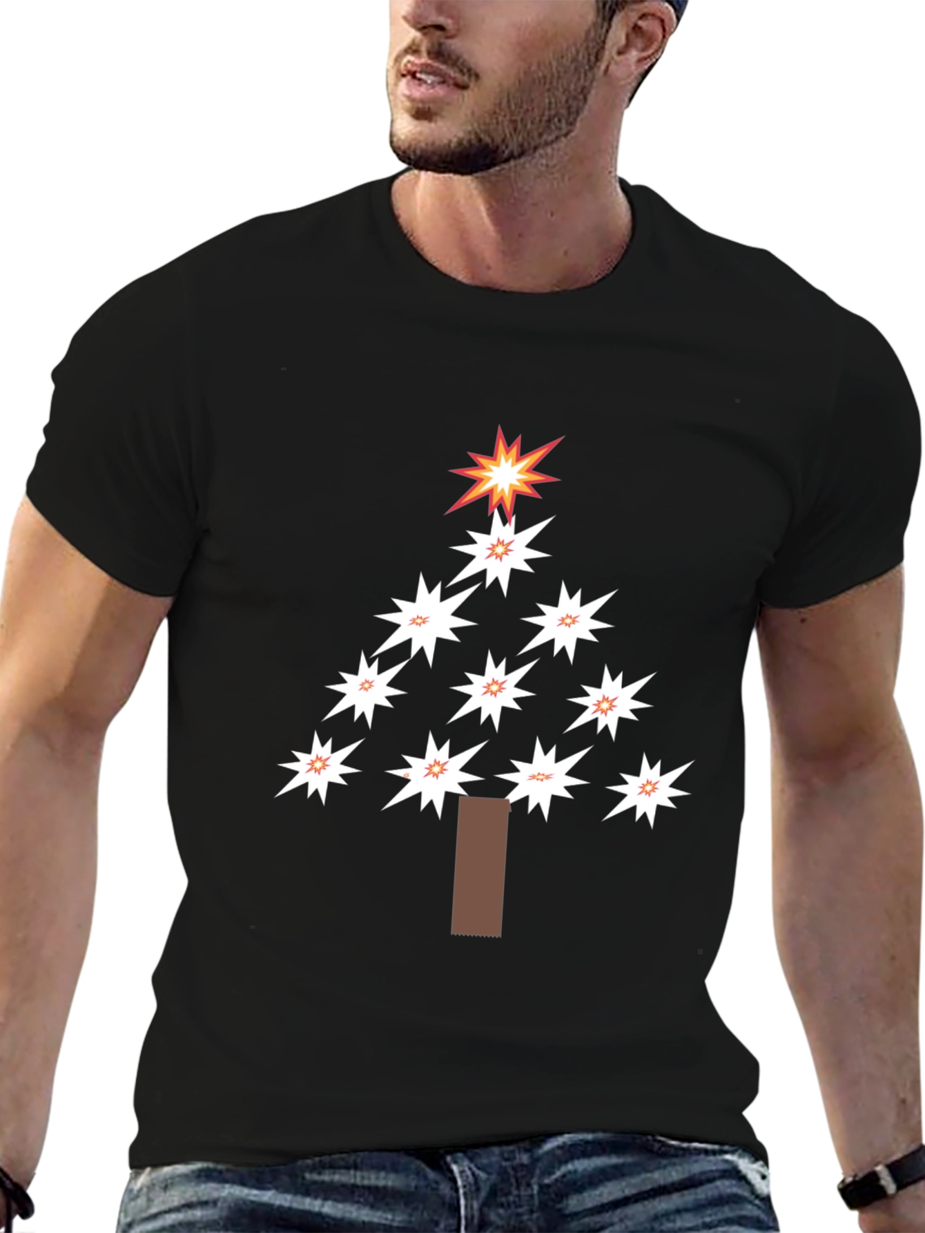 Festive Star Christmas Tree Black T-Shirt