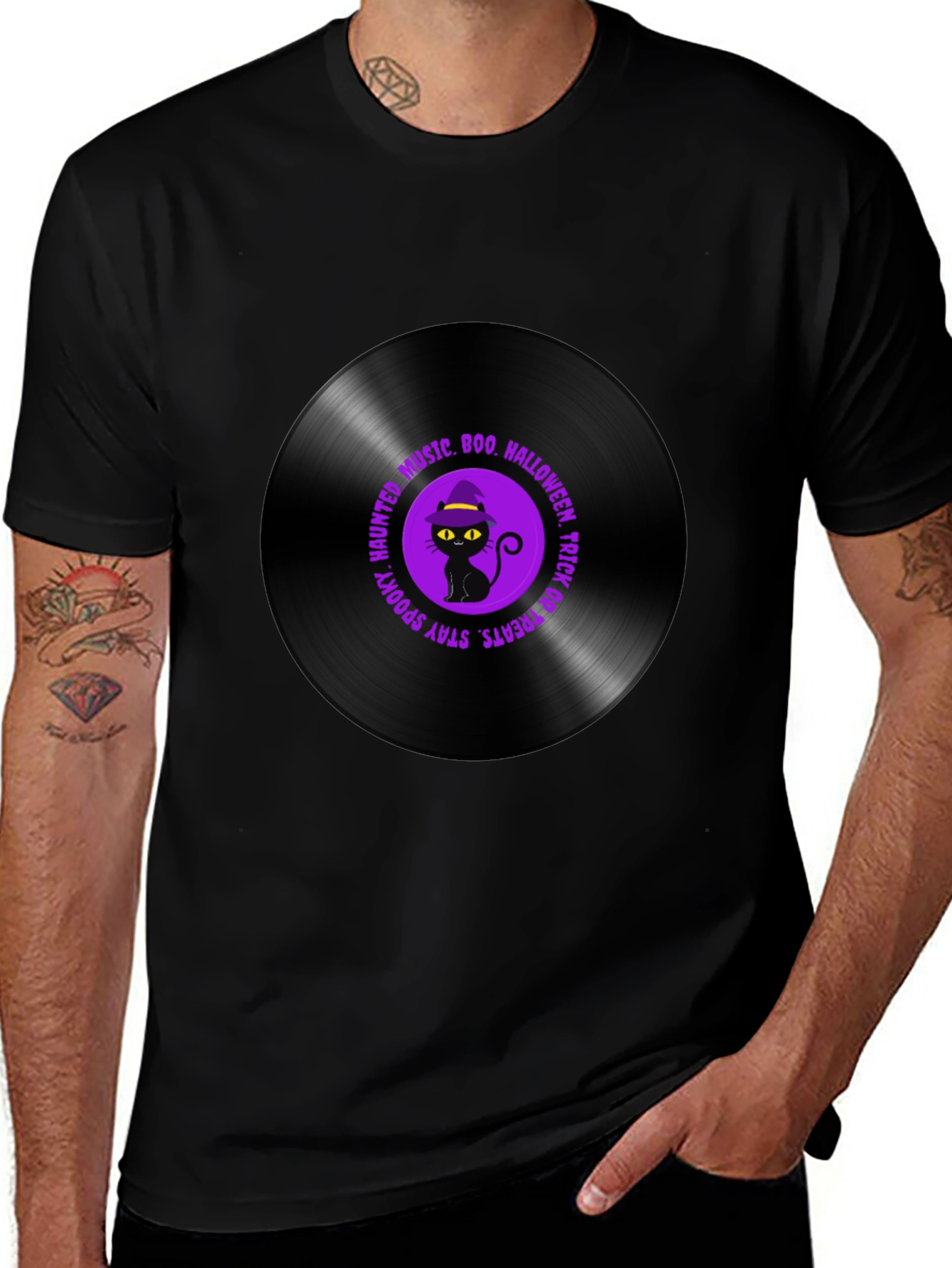 Halloween Black Cat Vinyl Record T-Shirt