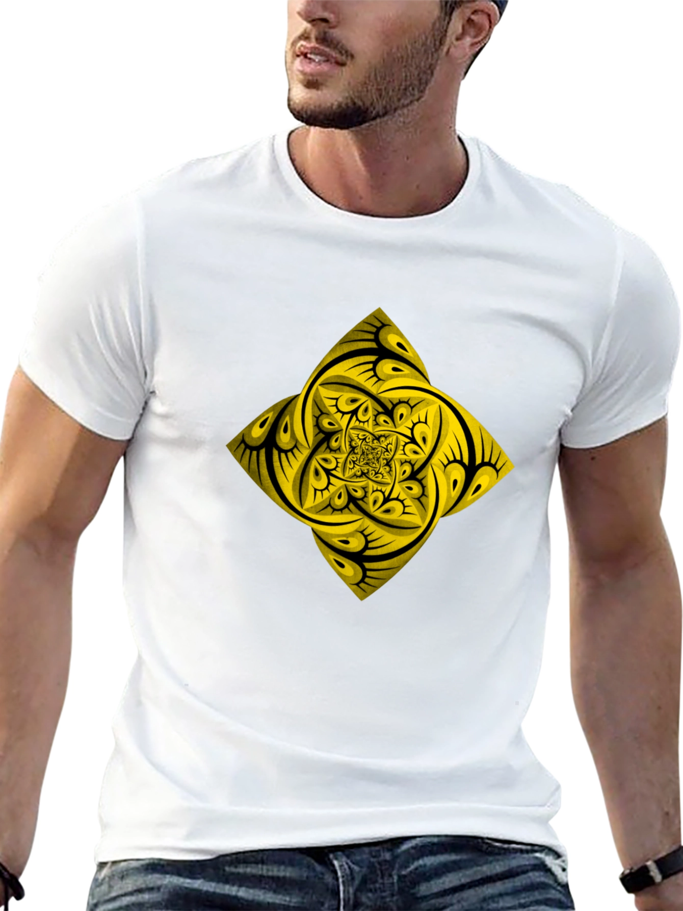 Geometric Yellow Fractal Graphic Black T-Shirt