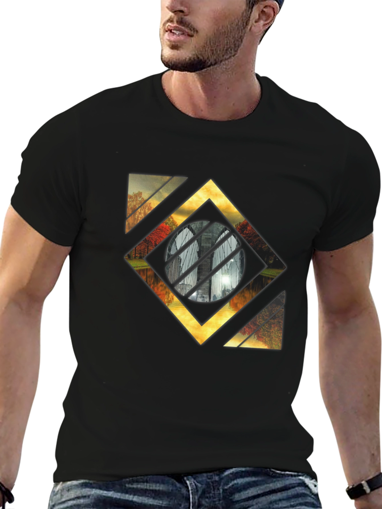 Abstract Landscape Graphic Tee - Stylish Mens Black T-Shirt