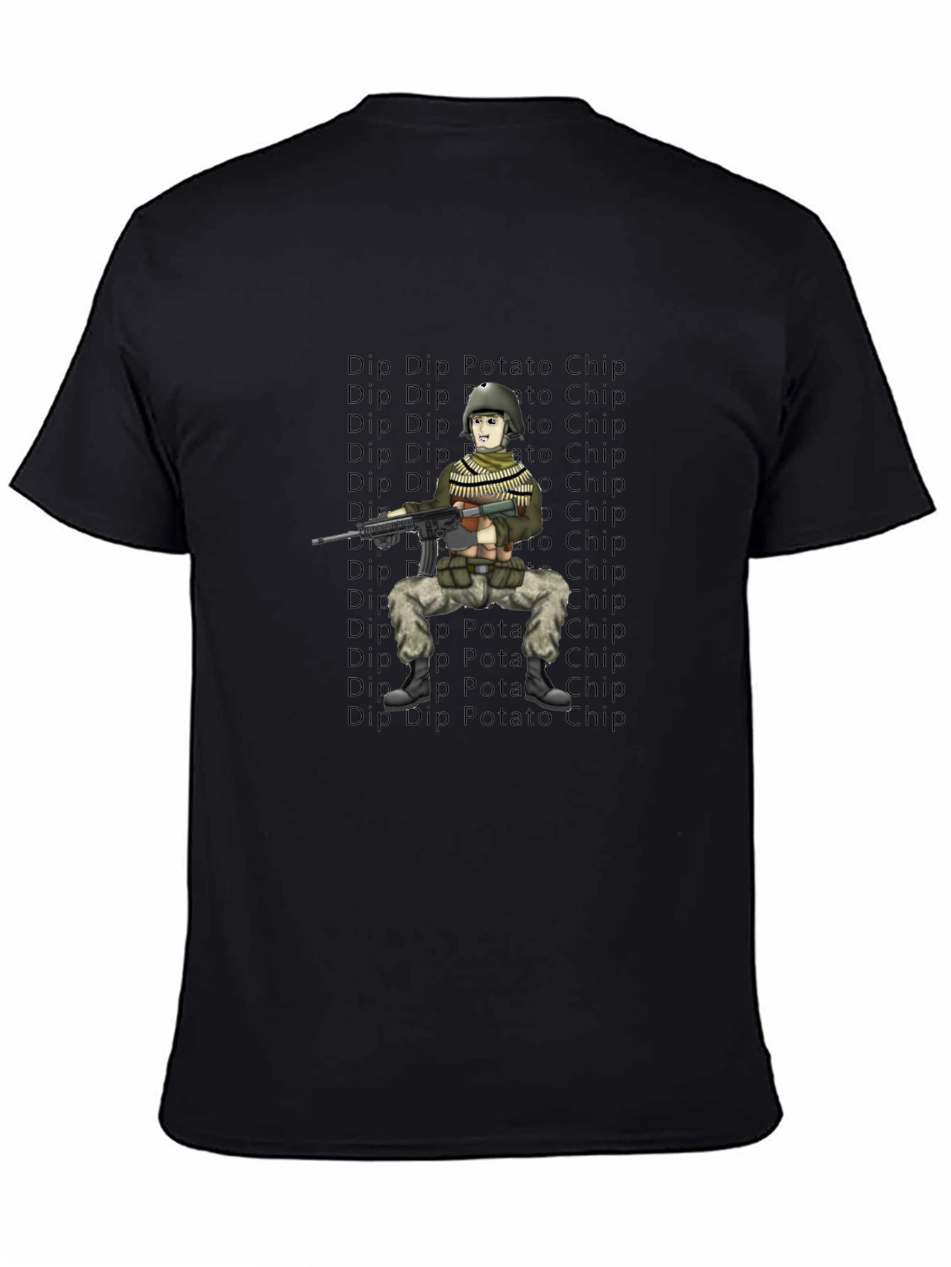 Cartoon Soldier Dip Potato Chip Black T-Shirt
