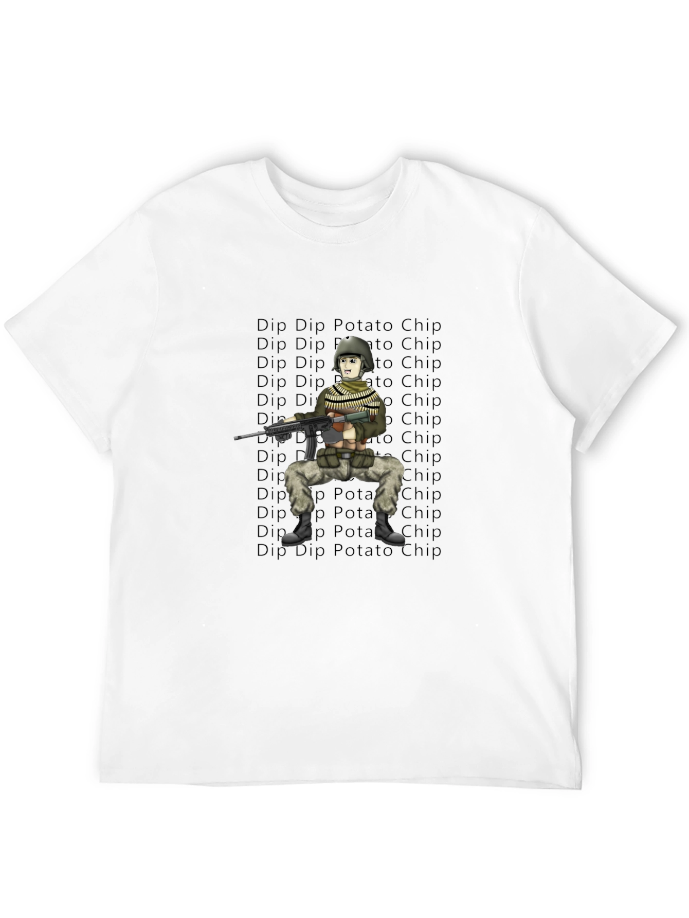 Cartoon Soldier Dip Potato Chip Black T-Shirt