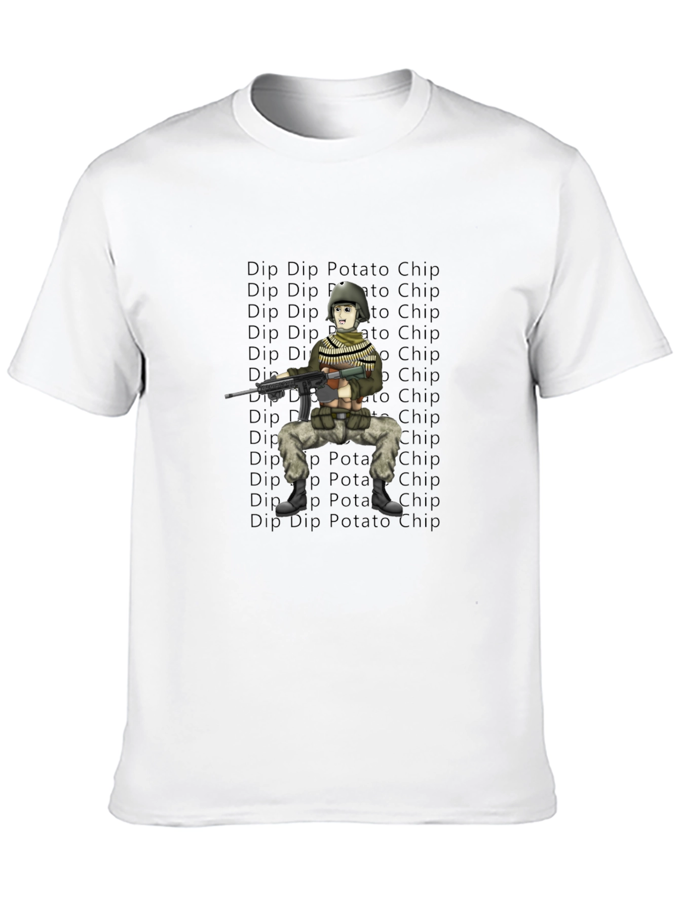 Cartoon Soldier Dip Potato Chip Black T-Shirt