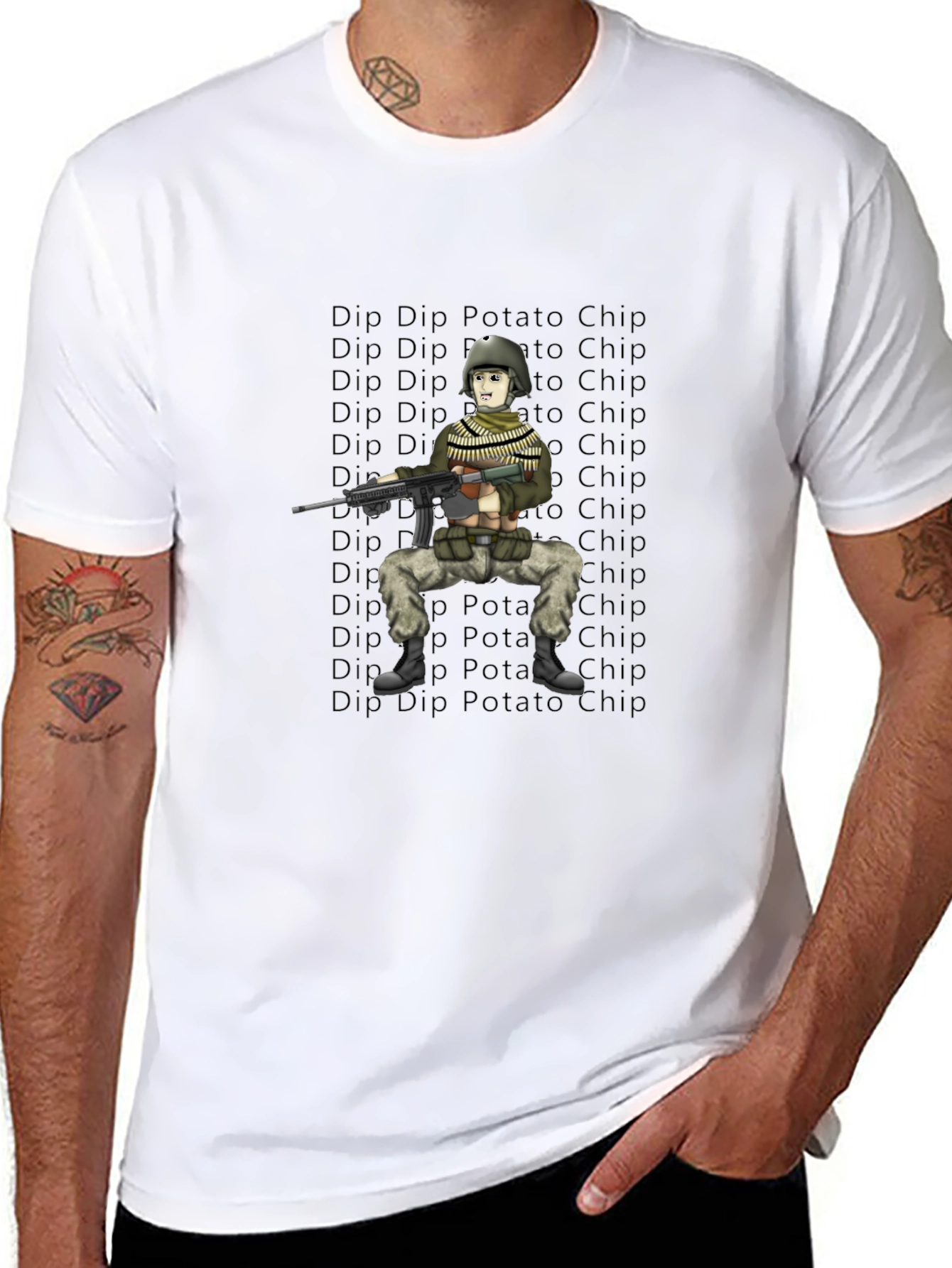 Cartoon Soldier Dip Potato Chip Black T-Shirt