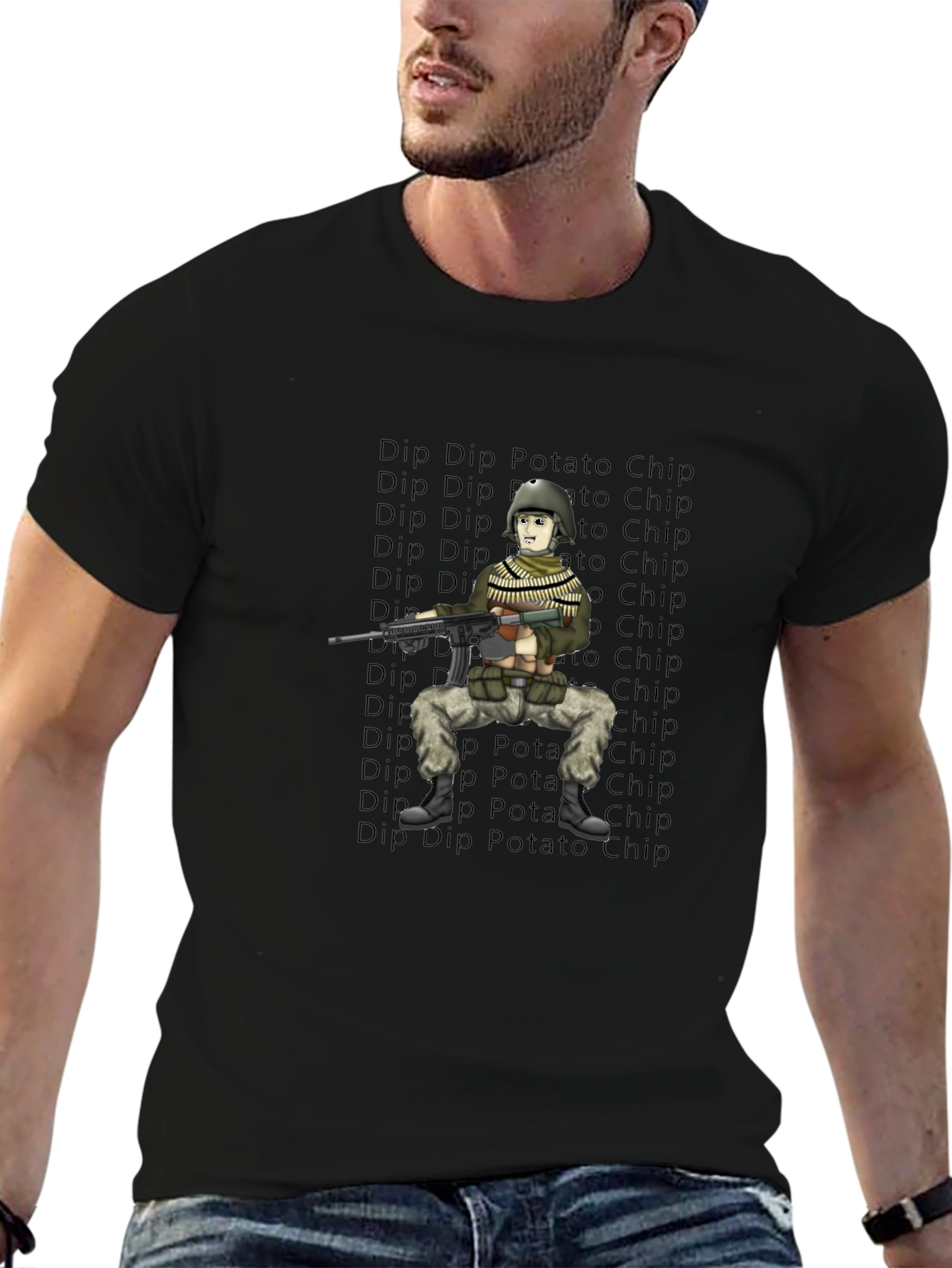 Cartoon Soldier Dip Potato Chip Black T-Shirt