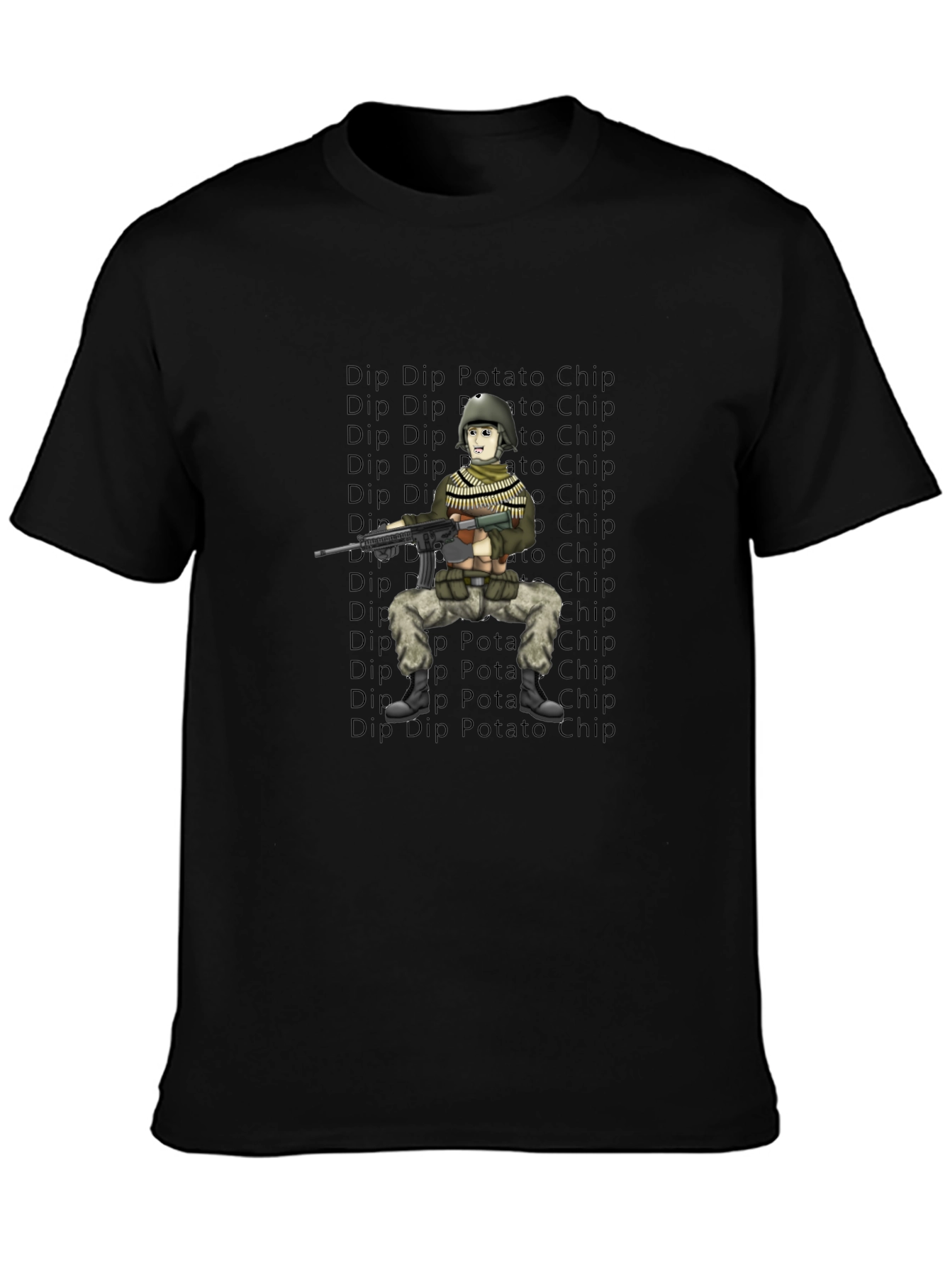 Cartoon Soldier Dip Potato Chip Black T-Shirt