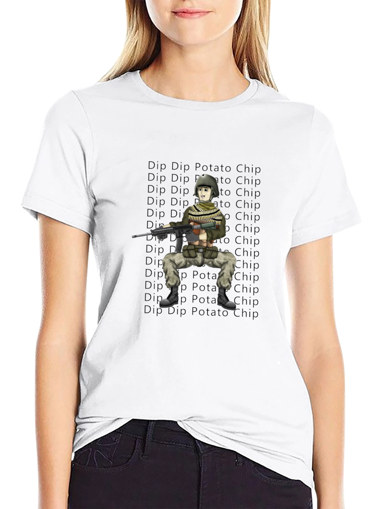 Cartoon Soldier Dip Potato Chip Black T-Shirt