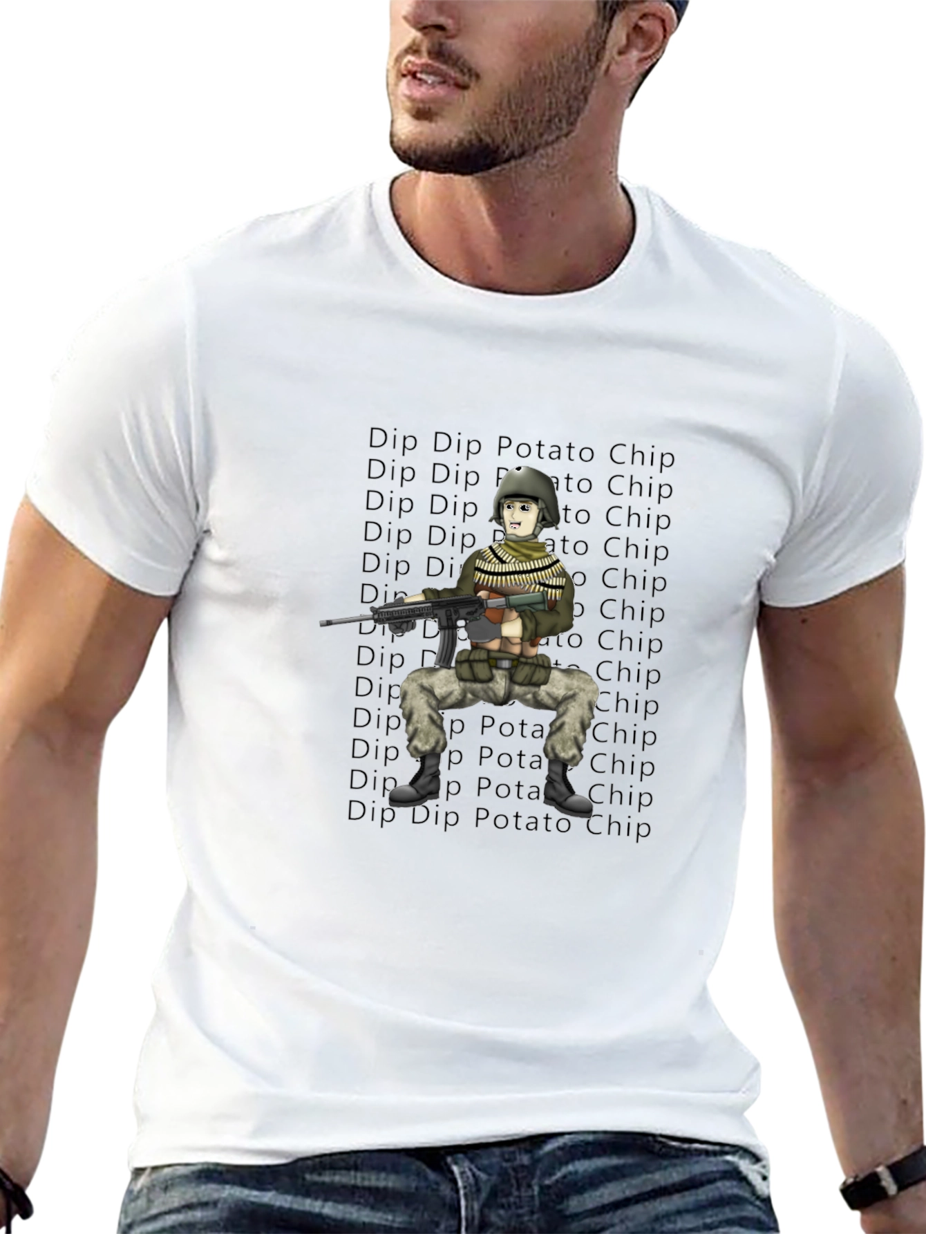 Cartoon Soldier Dip Potato Chip Black T-Shirt