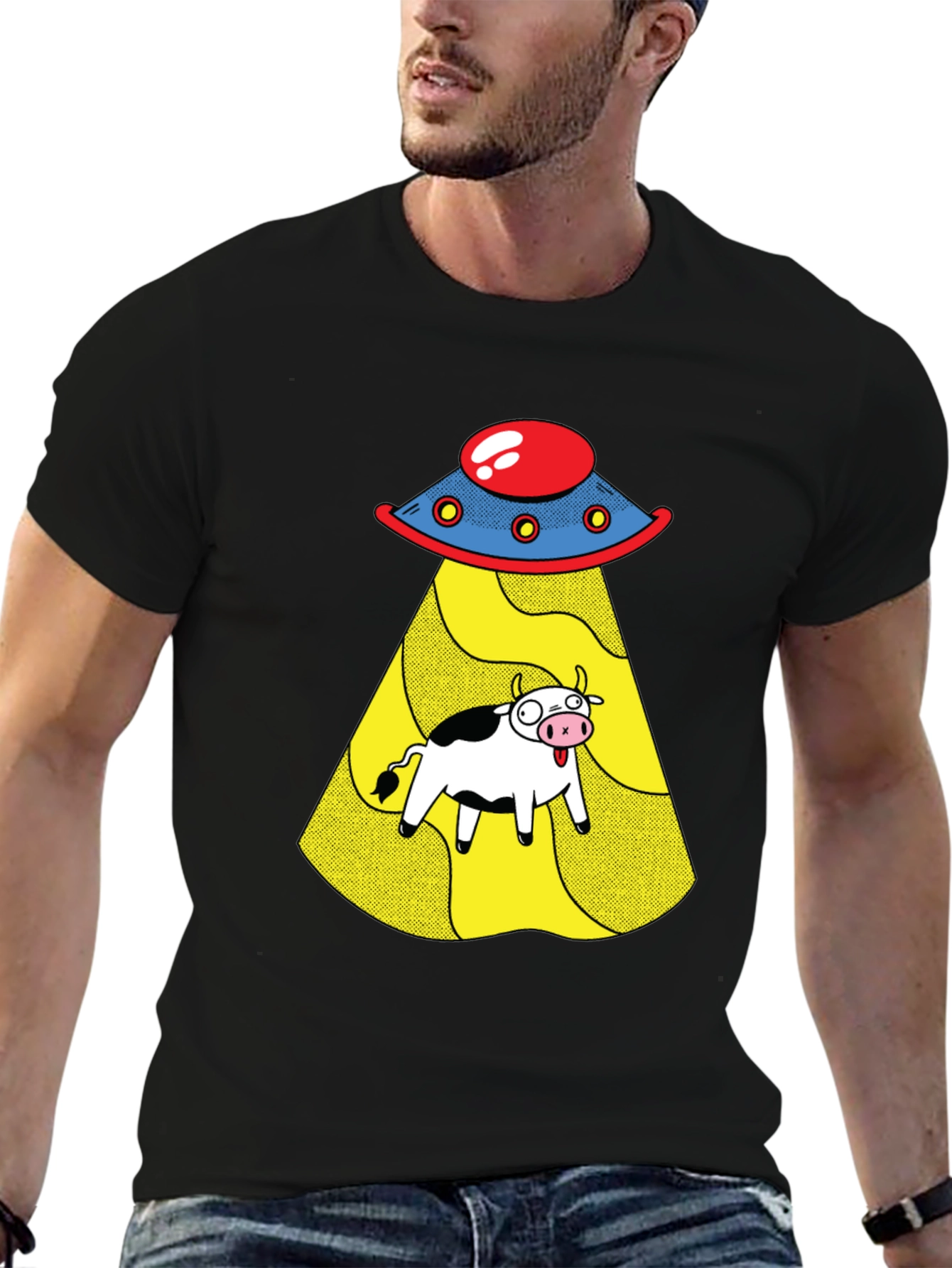 UFO Cow Abduction Graphic Tee - Black