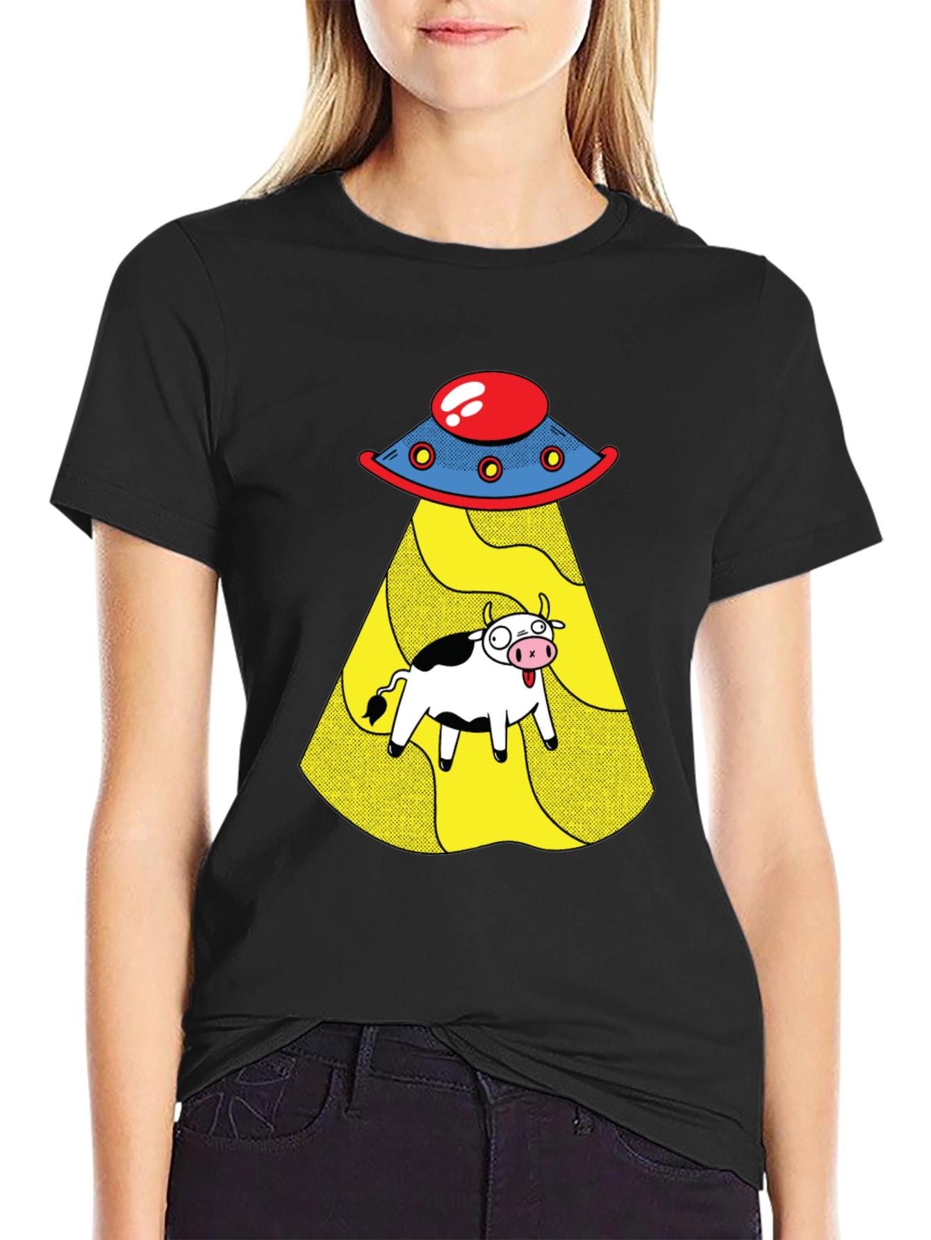 UFO Cow Abduction Graphic Tee - Black