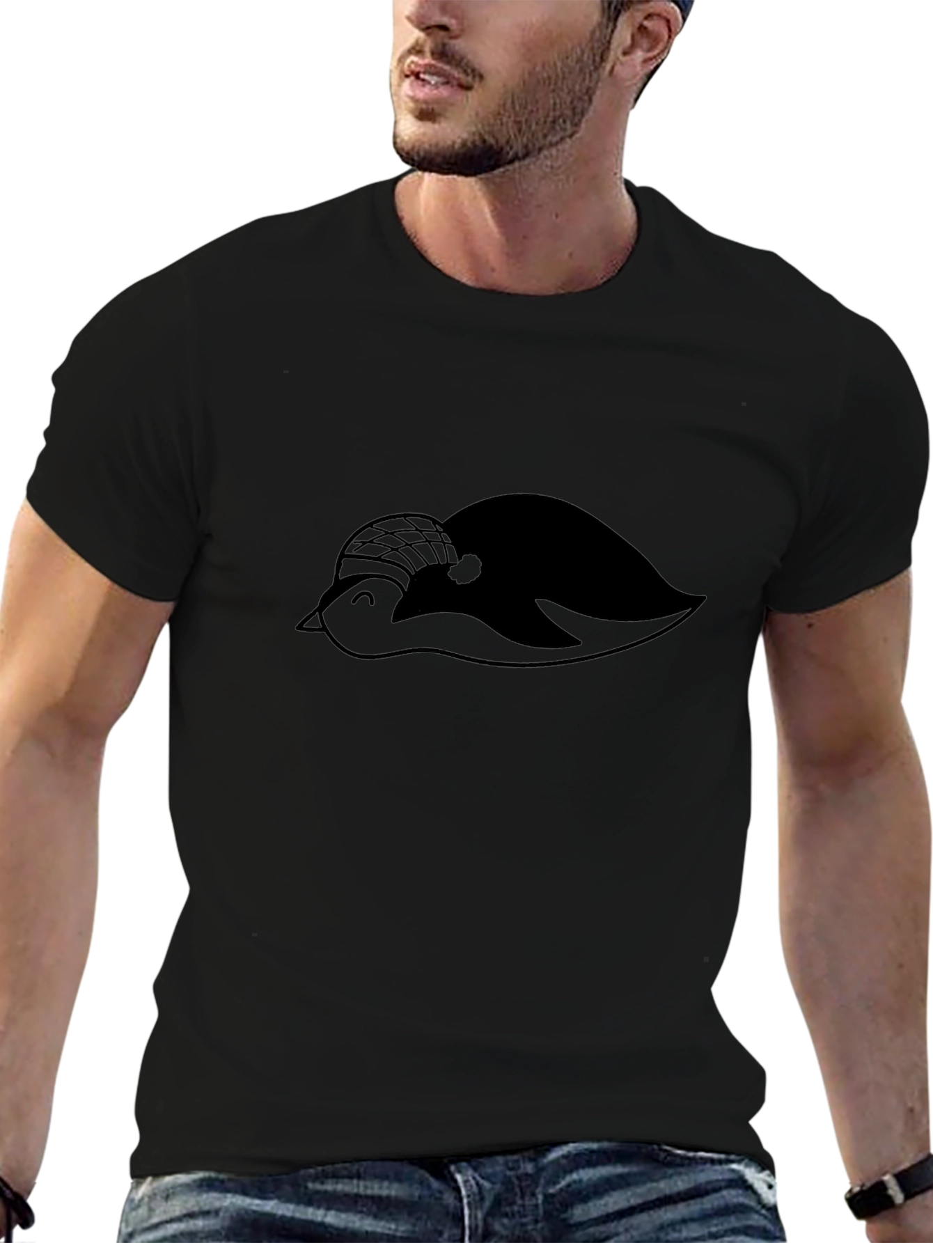 Black T-Shirt with Penguin Graphic Print