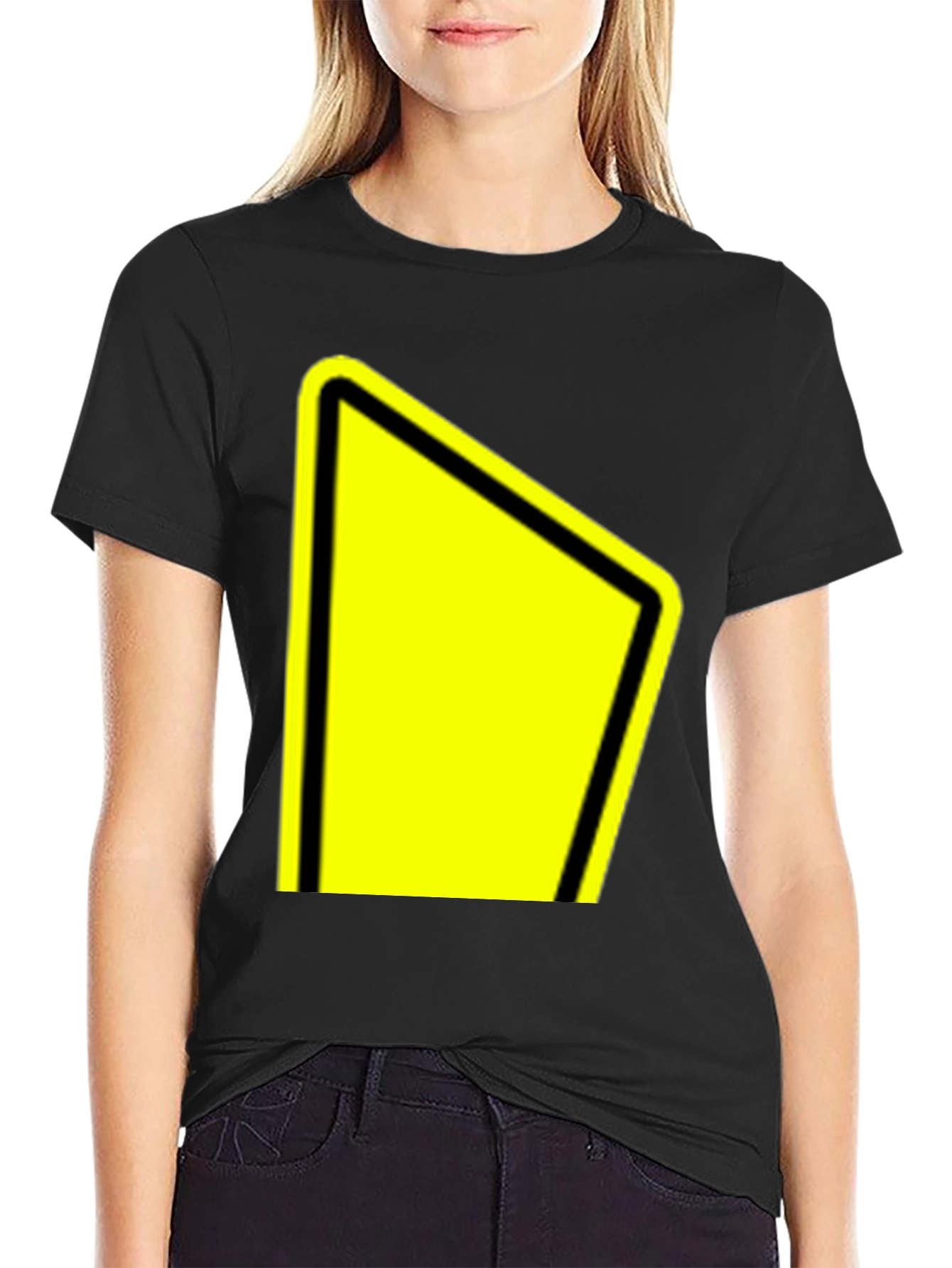 Black Tee with Yellow Yield Sign Graphic