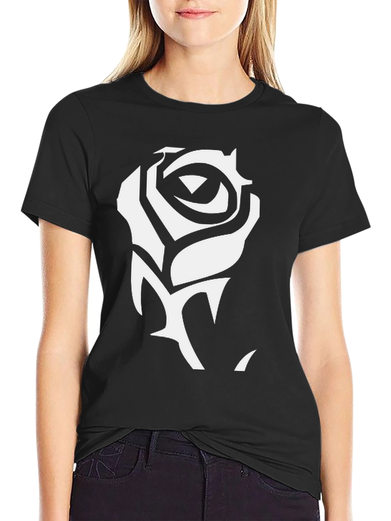 Black T-Shirt with White Rose Graphic