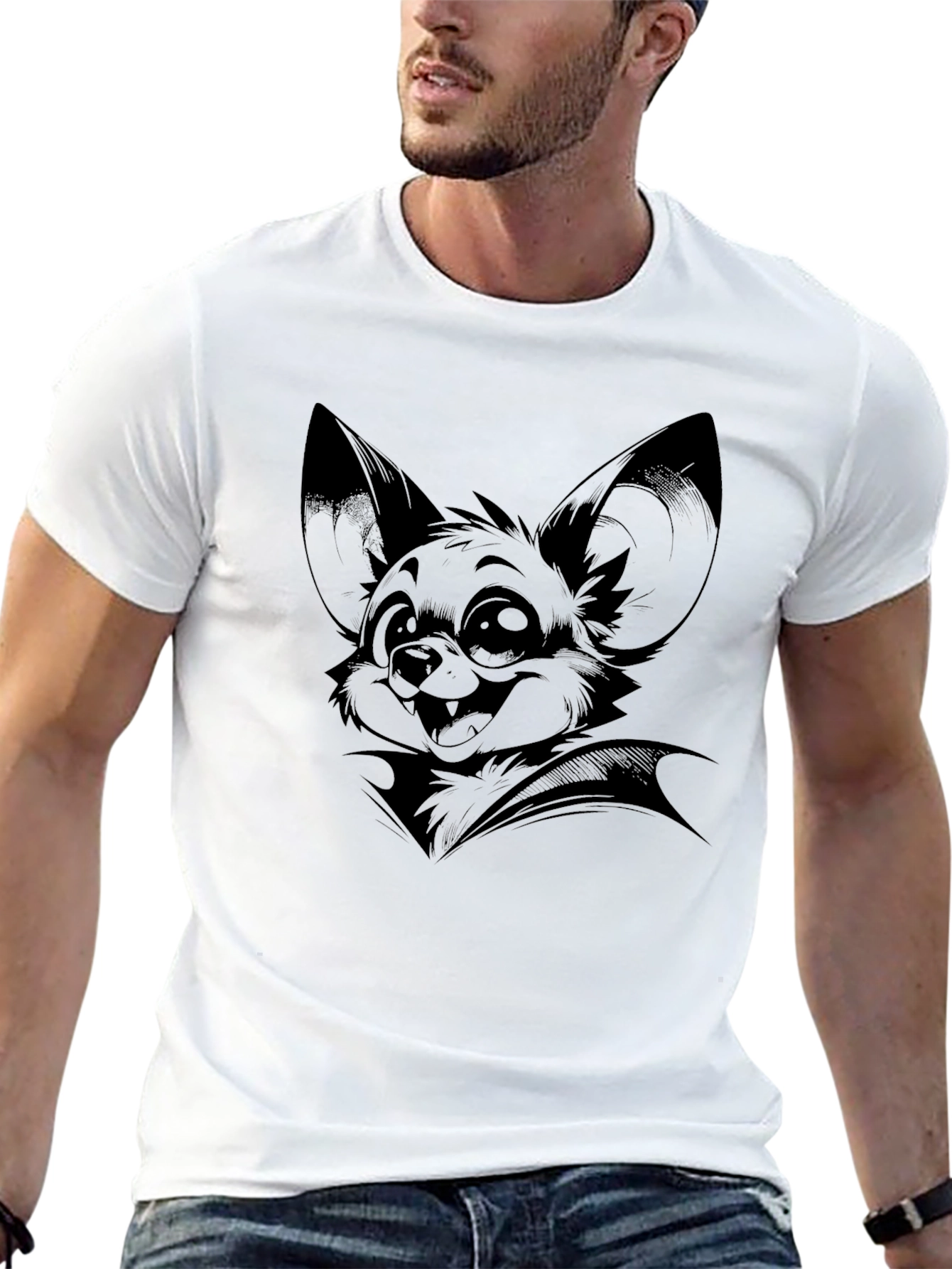 Bat Cartoon Graphic Tee - Black Cotton Blend