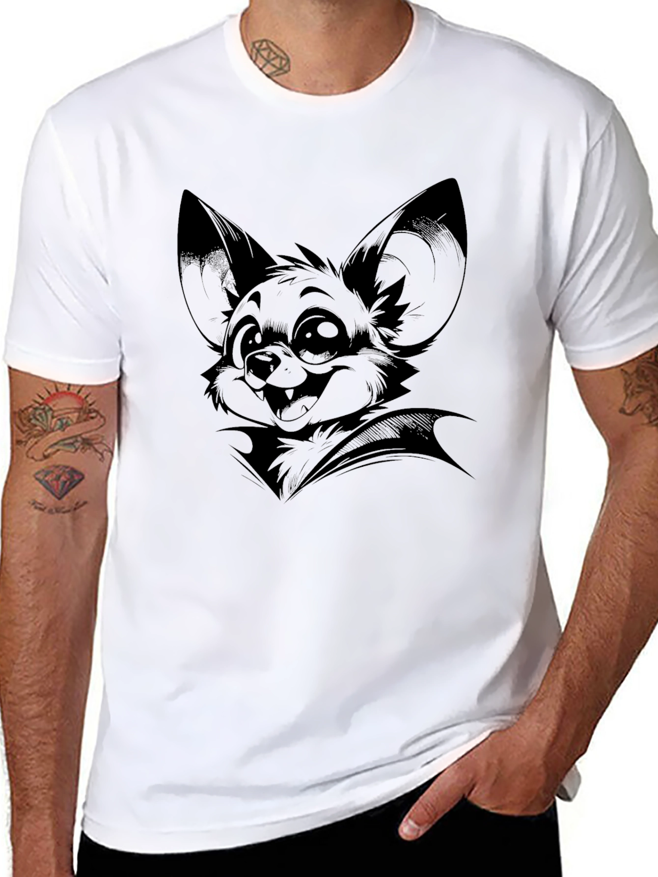 Bat Cartoon Graphic Tee - Black Cotton Blend