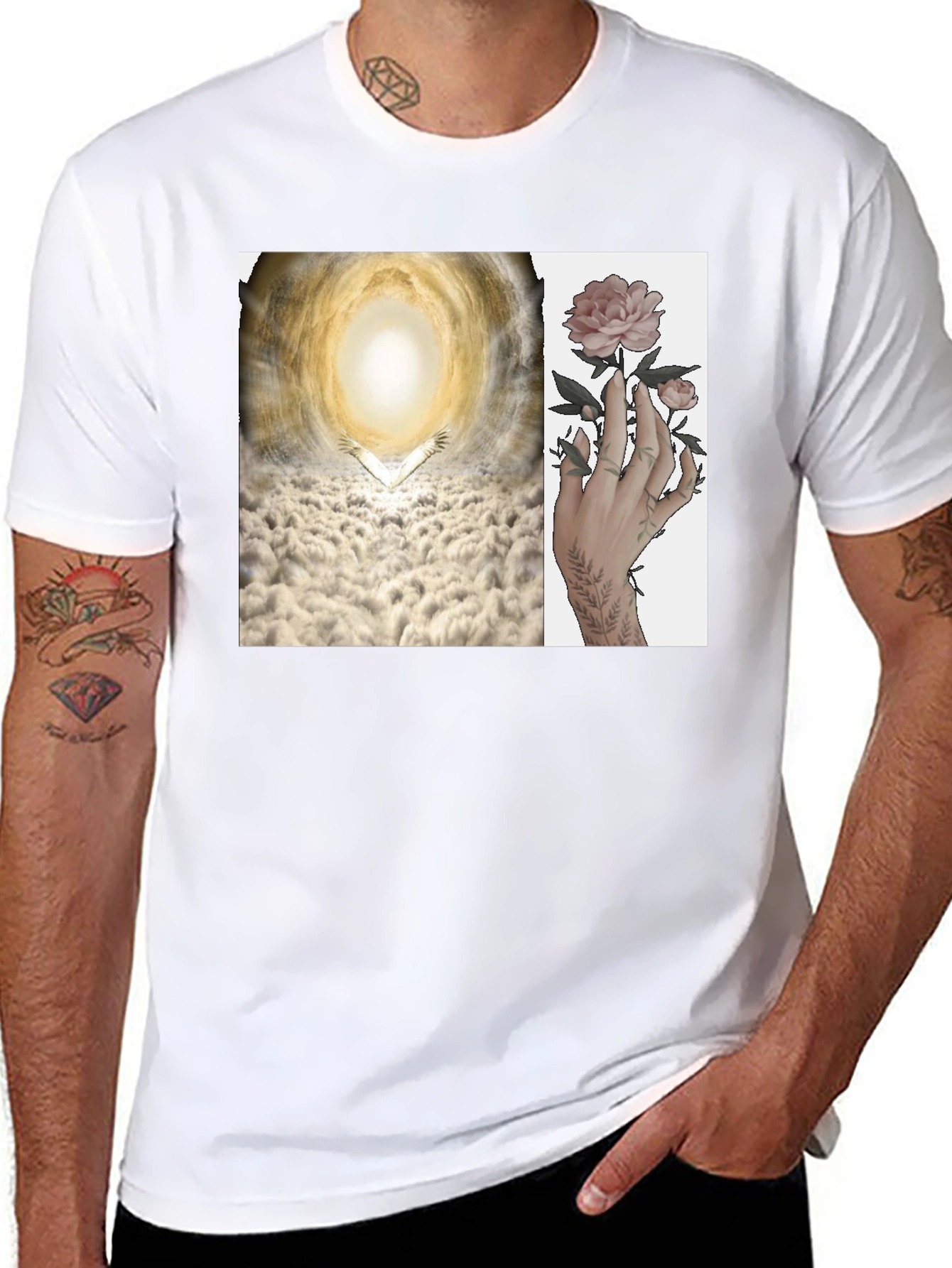 Artistic T-Shirt with Heaven and Floral Hand Design