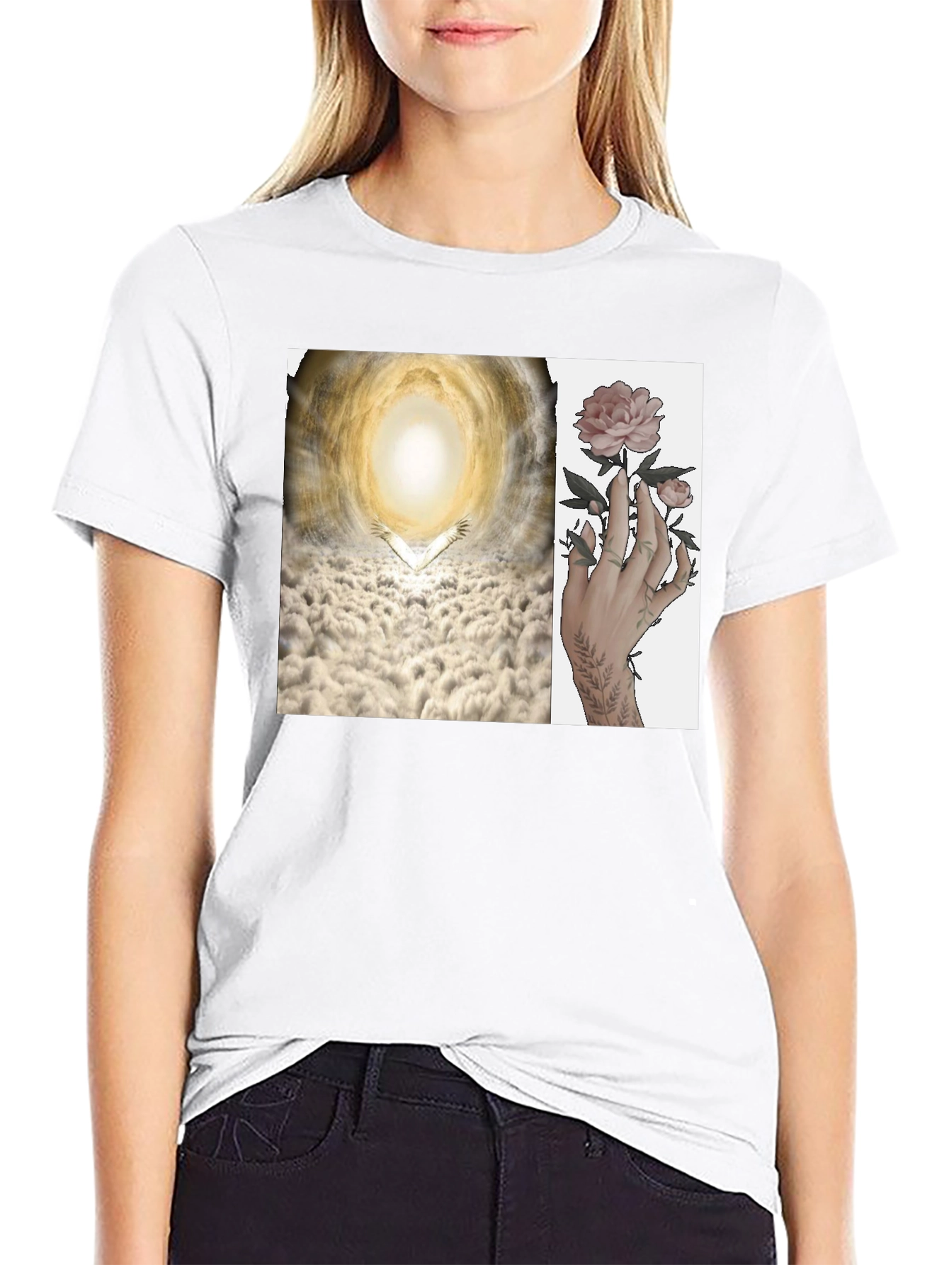 Artistic T-Shirt with Heaven and Floral Hand Design
