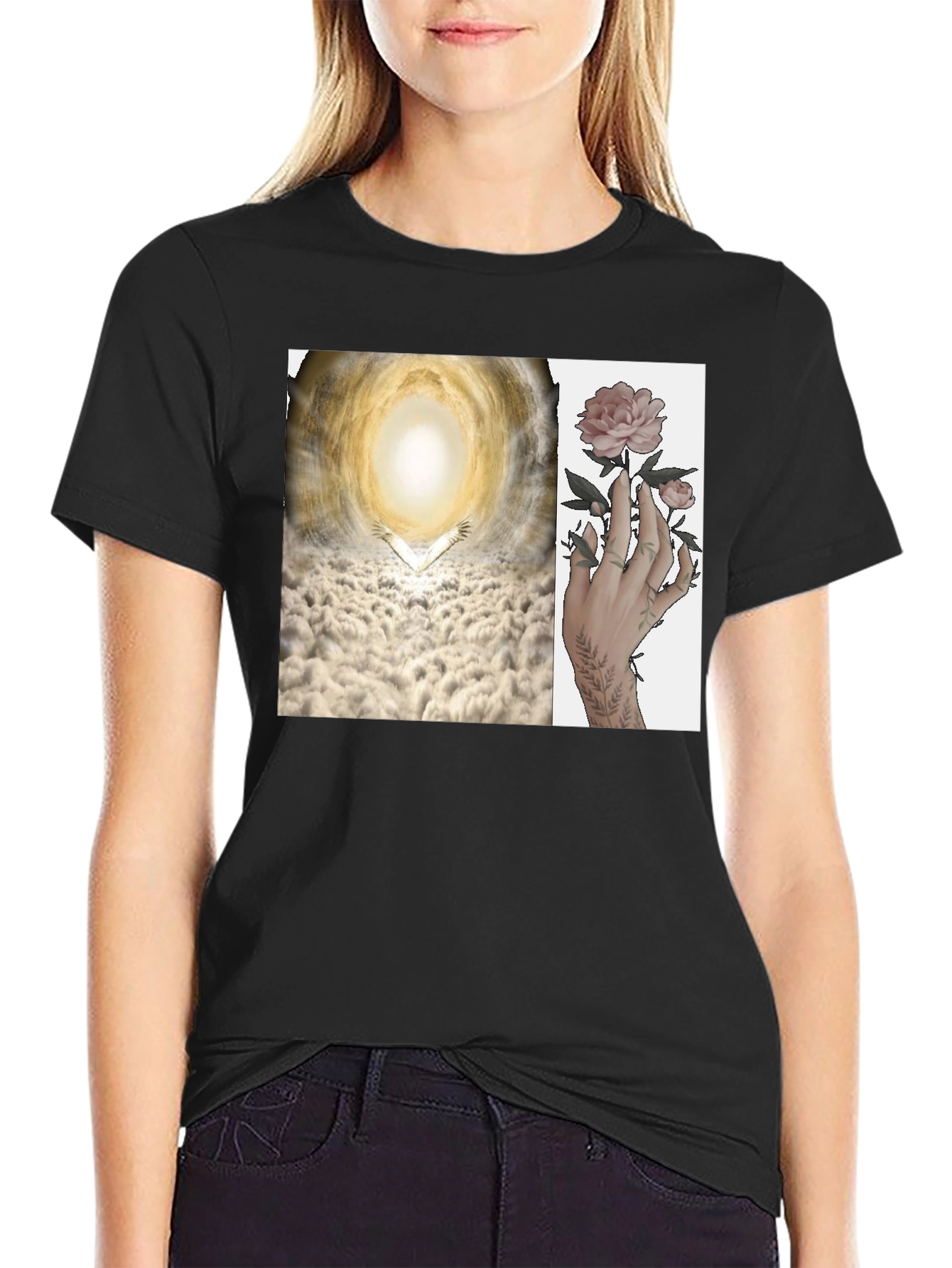 Artistic T-Shirt with Heaven and Floral Hand Design