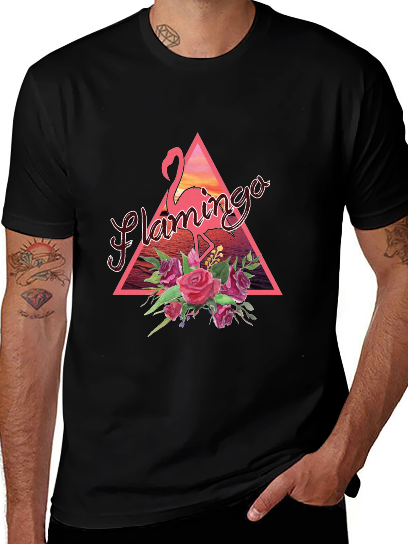 Flamingo Floral Graphic Tee - Black