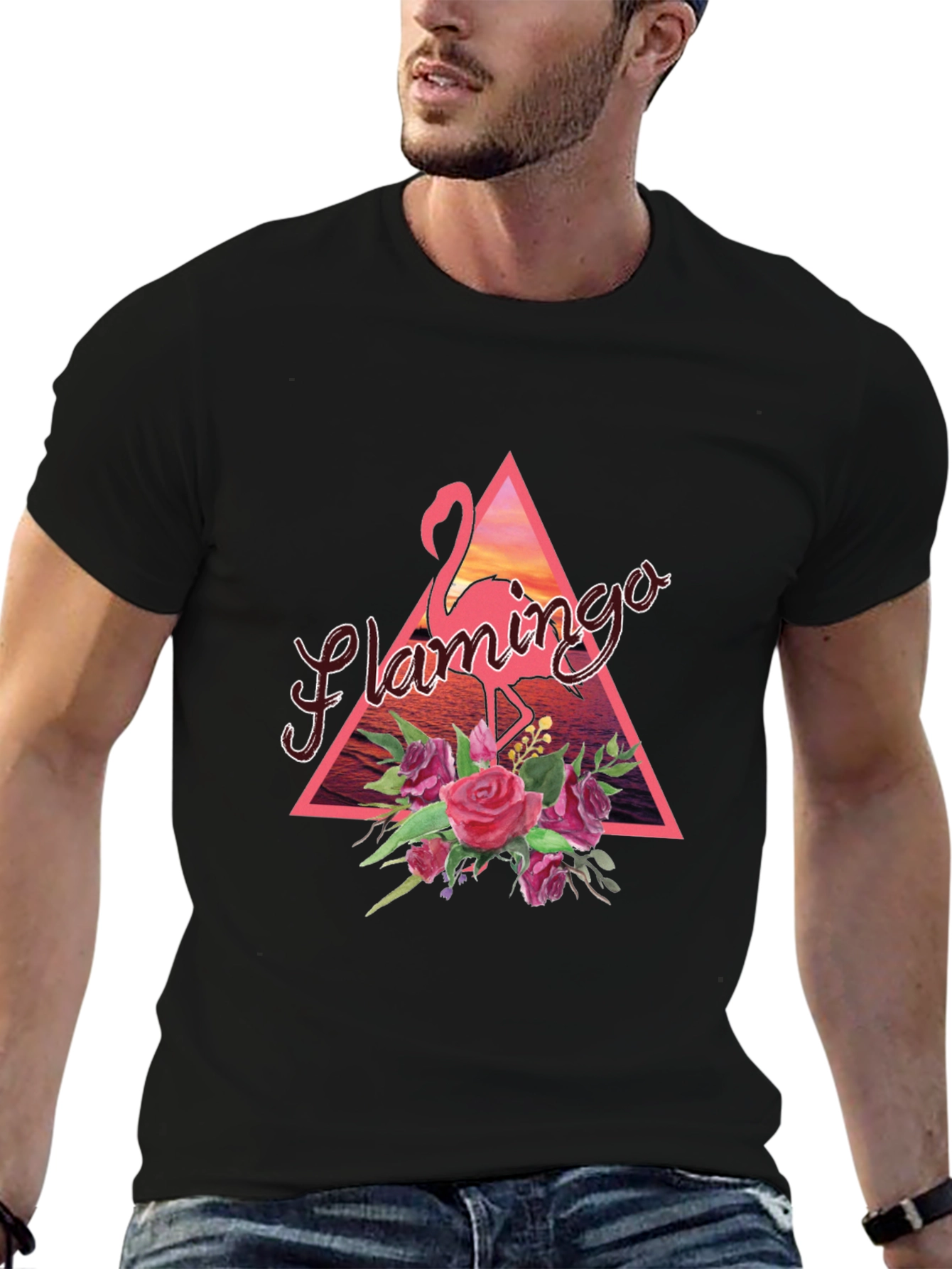 Flamingo Floral Graphic Tee - Black