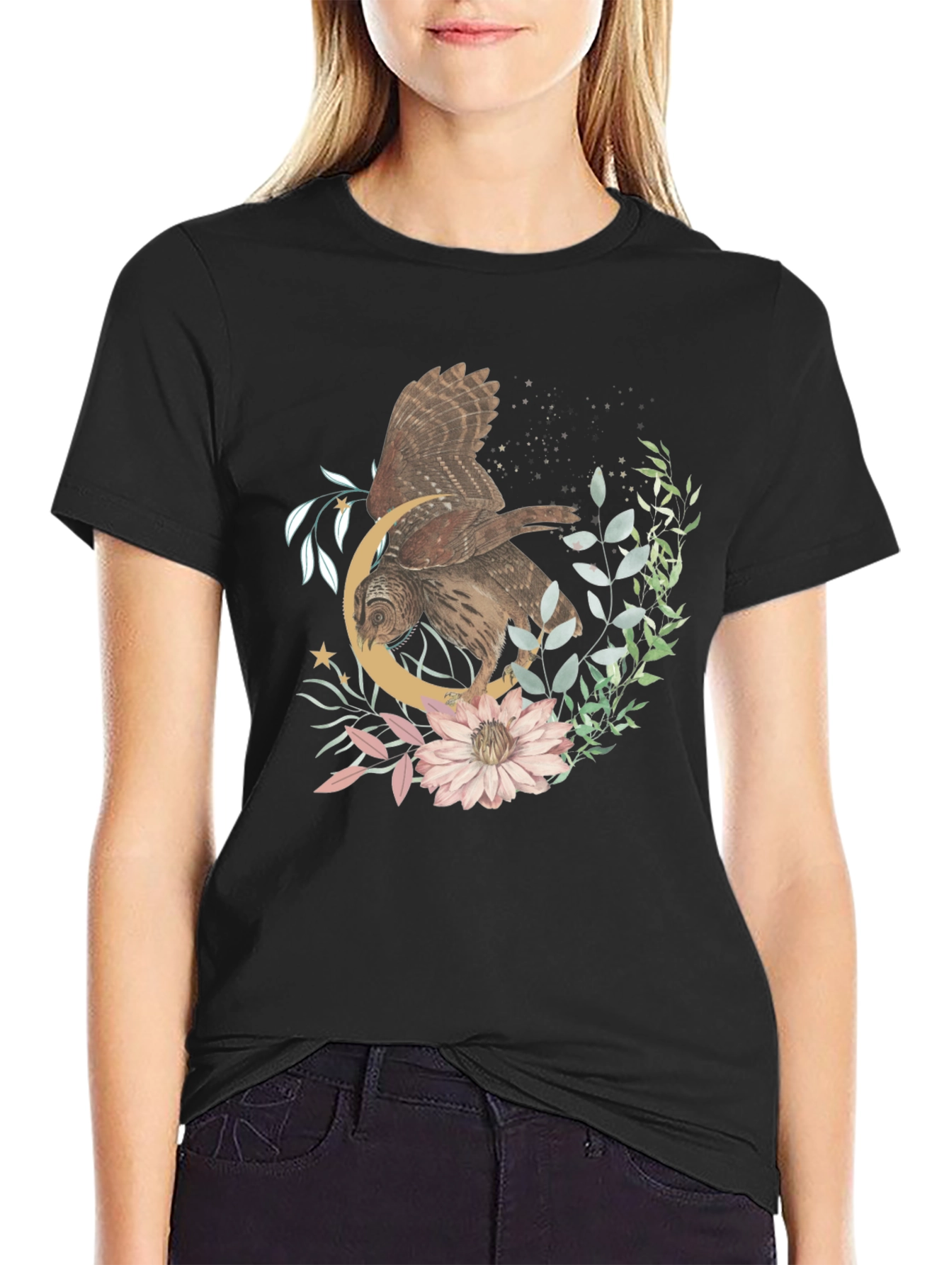 Owl & Crescent Moon Graphic Tee