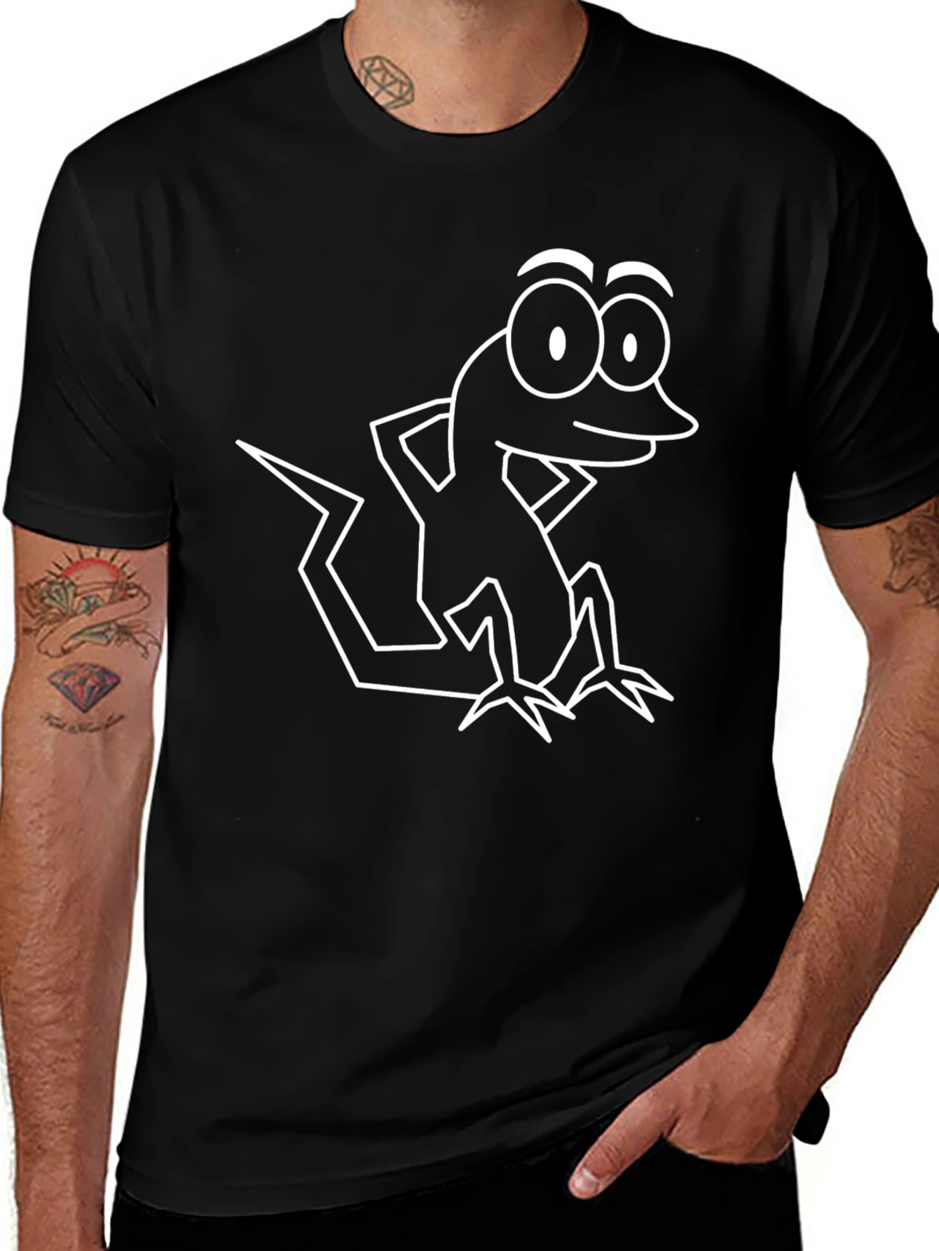Cartoon Lizard Graphic T-Shirt - Black Cotton Tee
