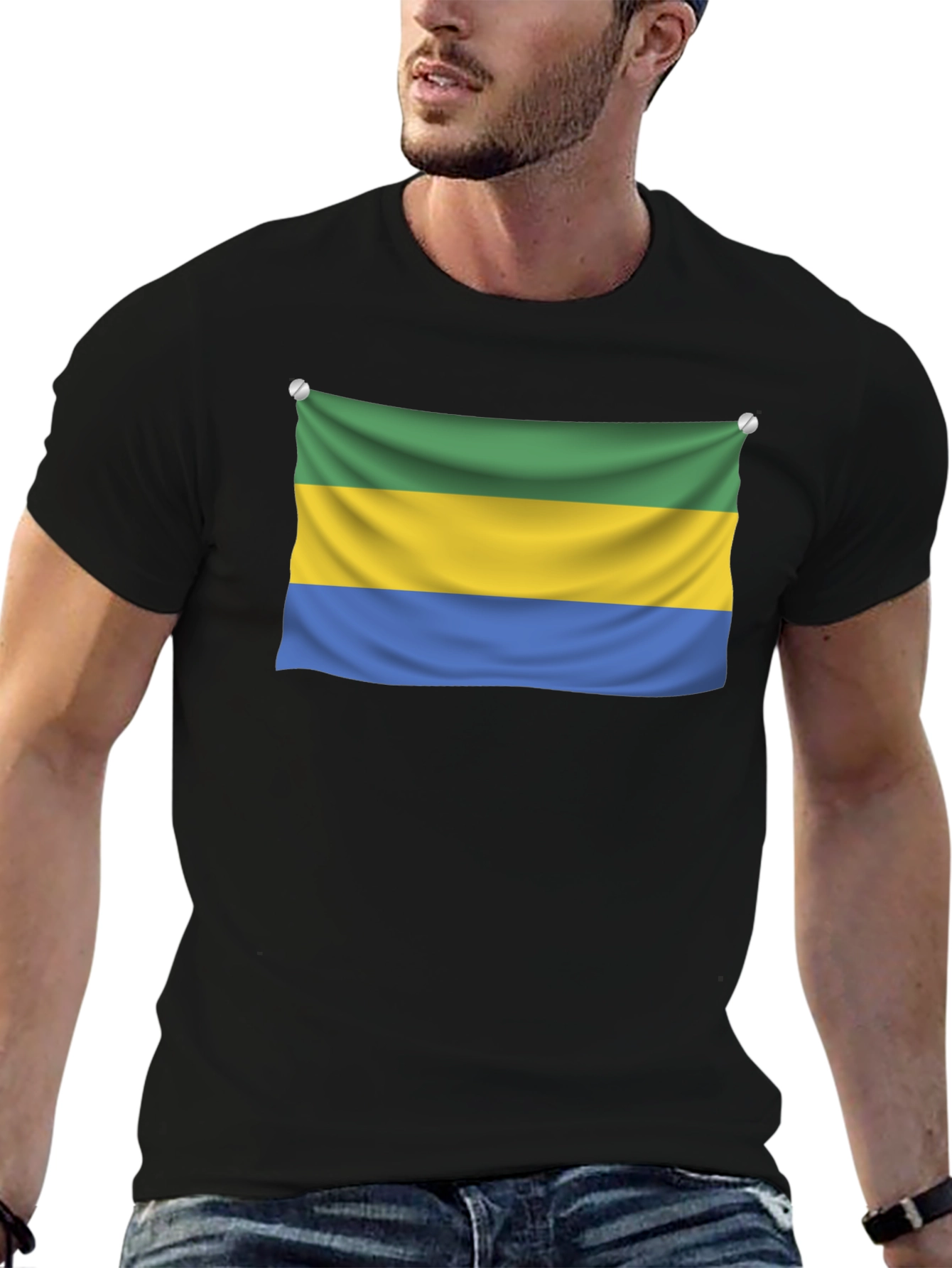 Gabon Flag T-Shirt - Black Crew Neck Tee