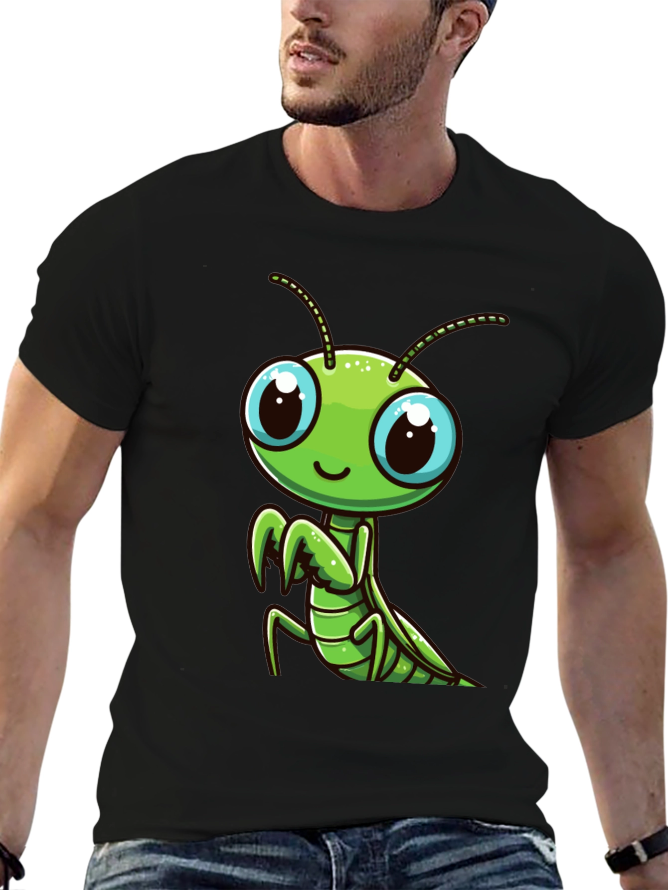 Cute Mantis Graphic Tee - Black Cotton T-Shirt