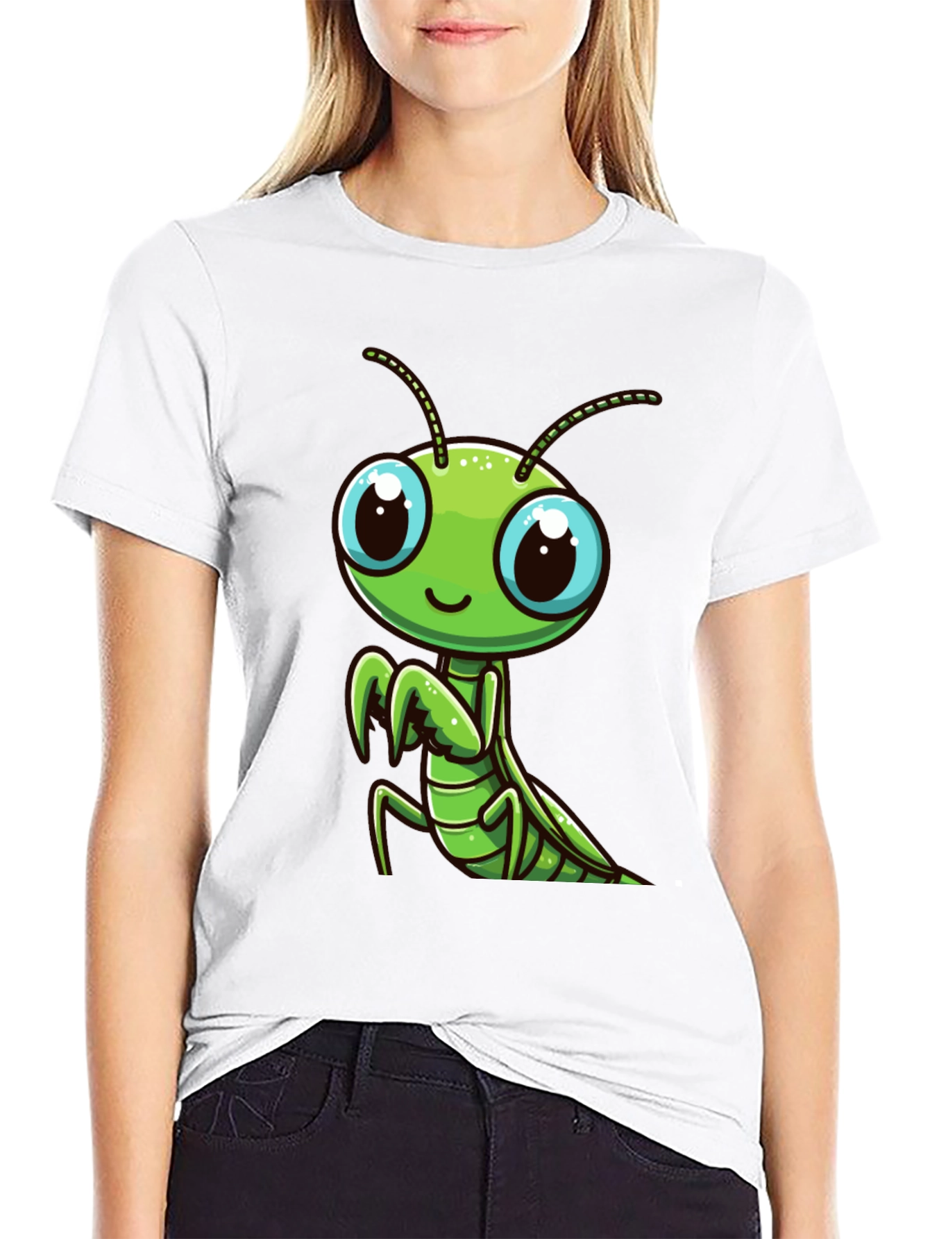 Cute Mantis Graphic Tee - Black Cotton T-Shirt