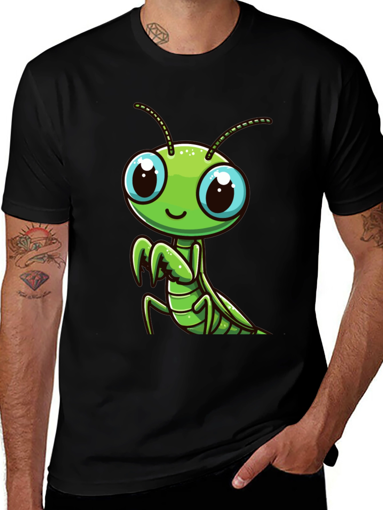 Cute Mantis Graphic Tee - Black Cotton T-Shirt