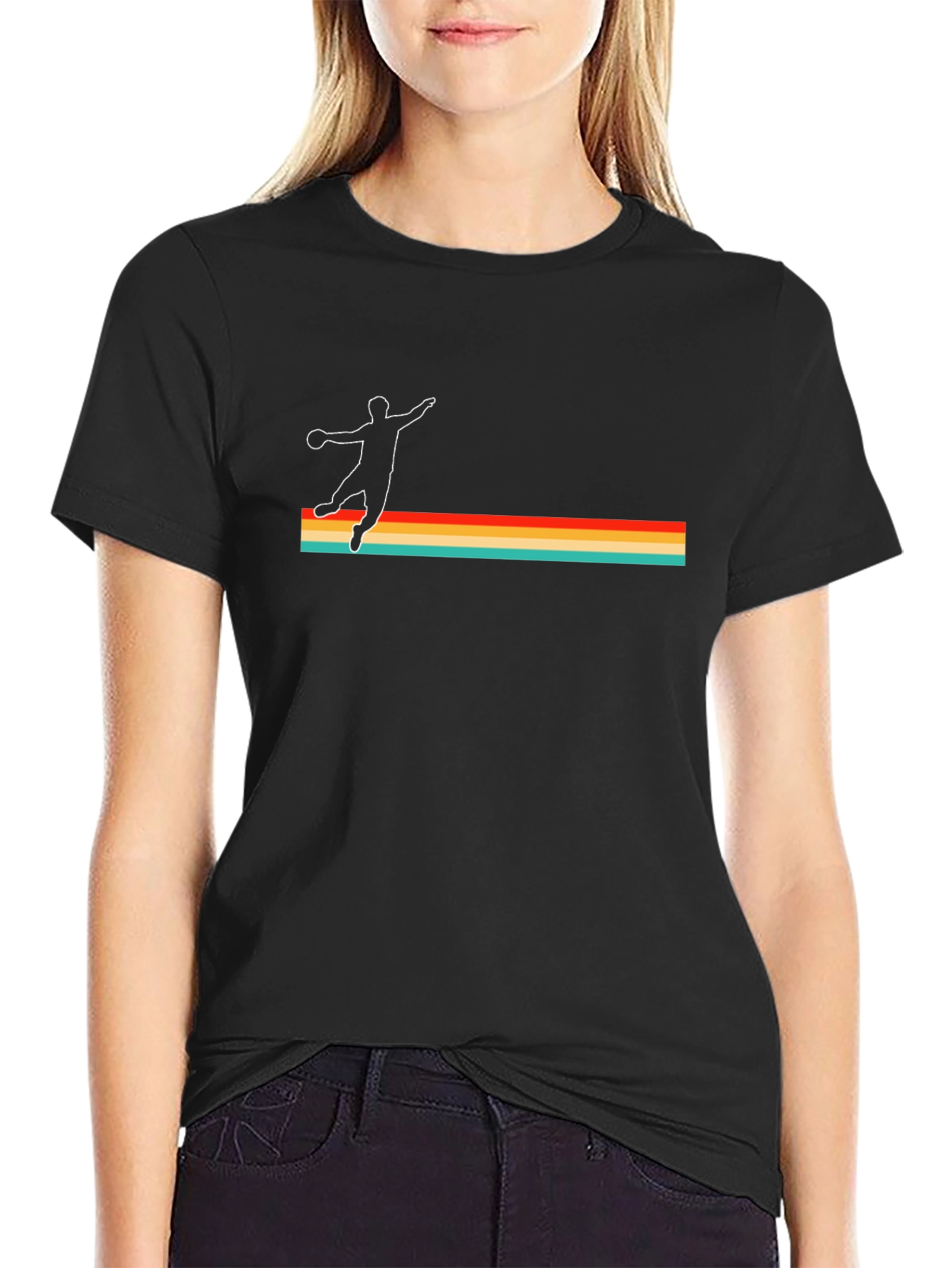 Retro Handball Player Graphic T-Shirt - Black