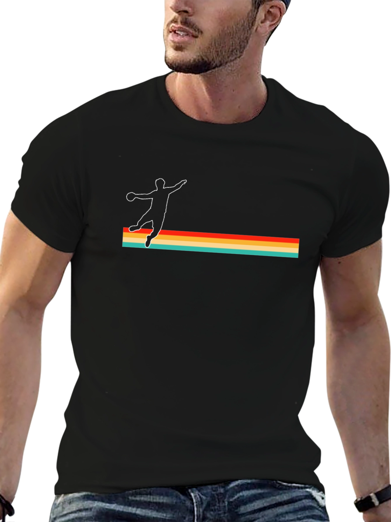 Retro Handball Player Graphic T-Shirt - Black